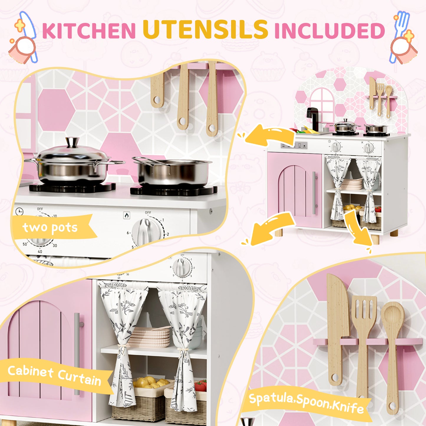 Pirecart Kids Play Kitchen, Toddler Wooden Kitchen Playset with Cooking Accessories and Clicking Knobs, Educational Chef Pretend Play Set for Ages 3+