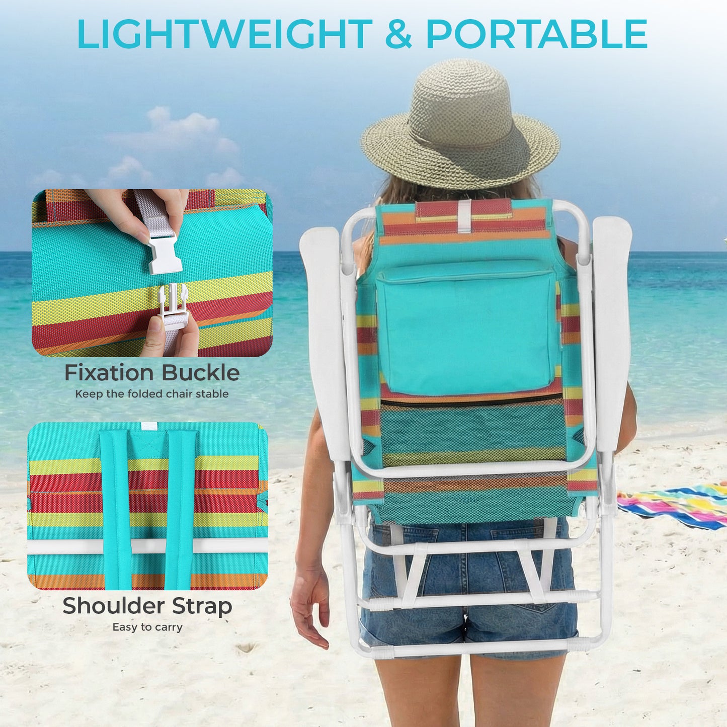 Pirecart Tall Beach Chairs for Adults, Portable Beach Chairs W/ 5-Position Lay Flat & Cooler Pouch, for Beach, Camp, Outdoor