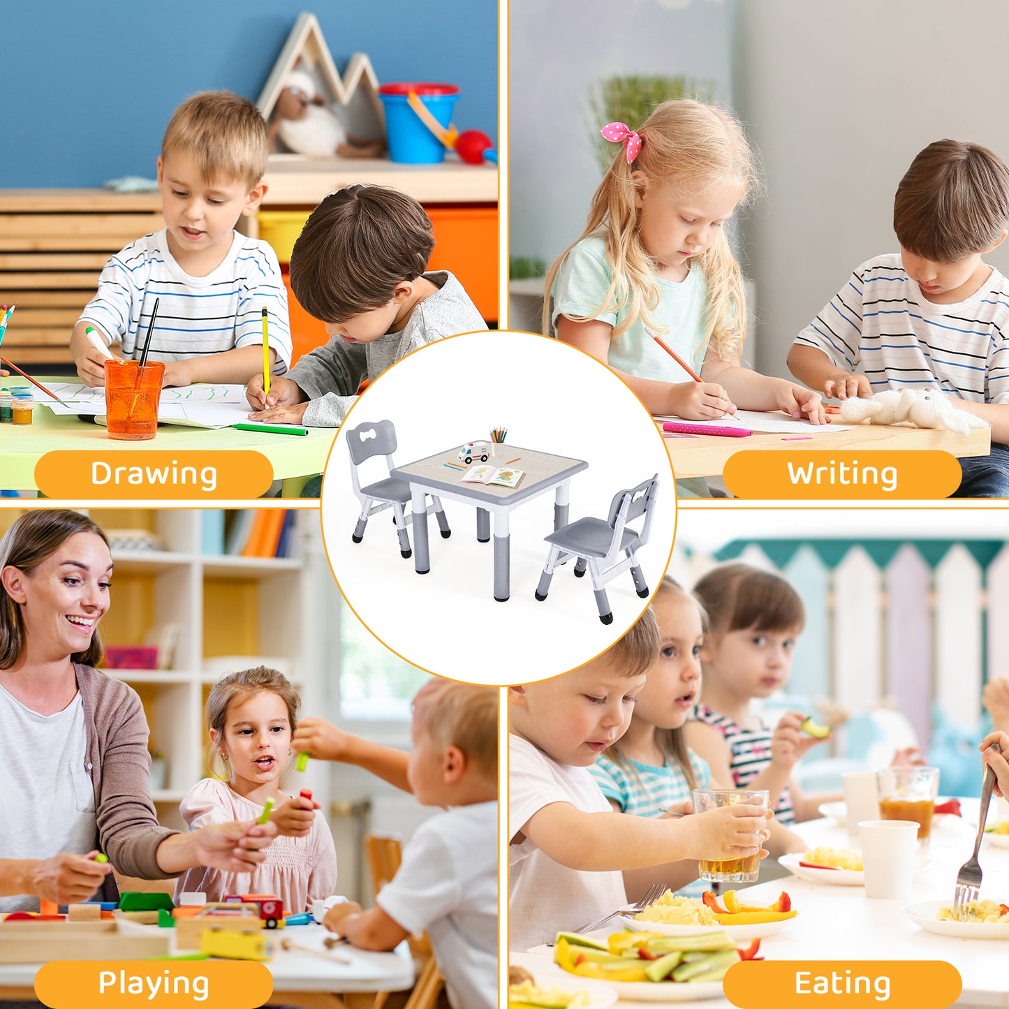 Pirecart Kids Table and 2 Chairs Set Activity Table Height Adjustable Toddler Art Desk for Reading Drawing Eating, Suitable for Ages 3-9