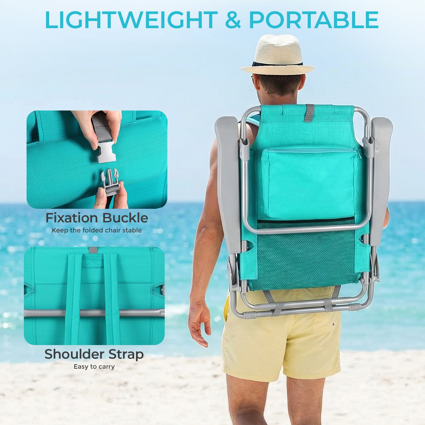 Foldable Beach Chair, 5-Position Lay Flat Reclining Beach Chair W/ Headrest, Storage Bag, Cooler Pouch,Towel Bar, Foot Mat