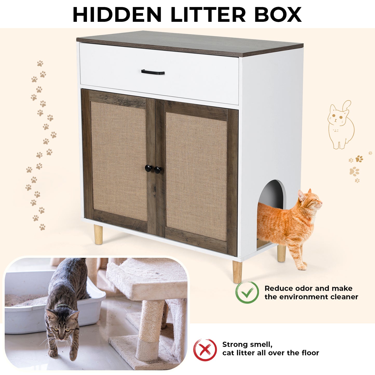 pirecart Hidden Cat Litter Box Enclosure Furniture Wood Cat House with Sisal Doors