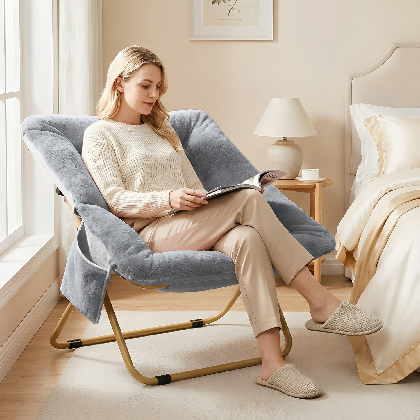 Pirecart Comfy Moon Chair, Foldable Soft Faux Fur Lounge Chair for Living Room, Bedroom, Dorms, X-Large Reading Chair