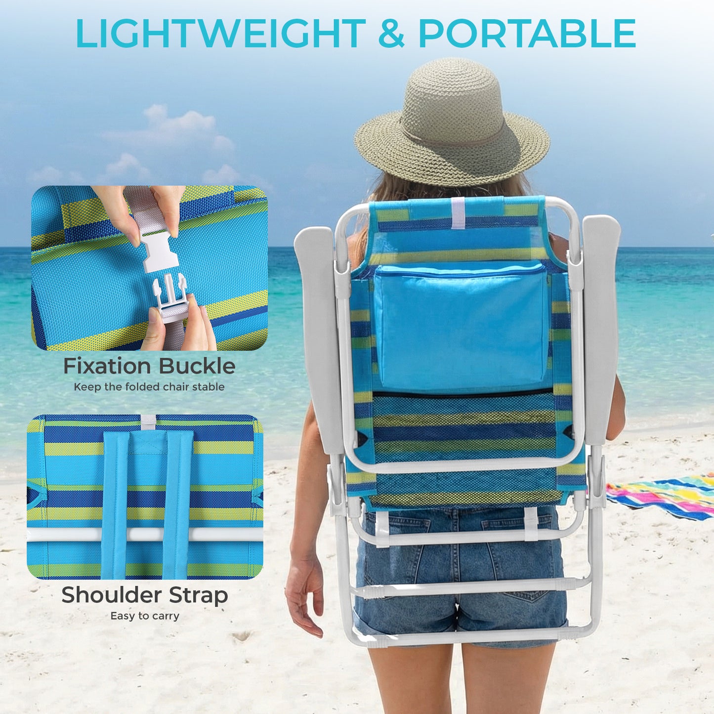 Pirecart Tall Beach Chairs for Adults, Portable Beach Chairs W/ 5-Position Lay Flat & Cooler Pouch, for Beach, Camp, Outdoor
