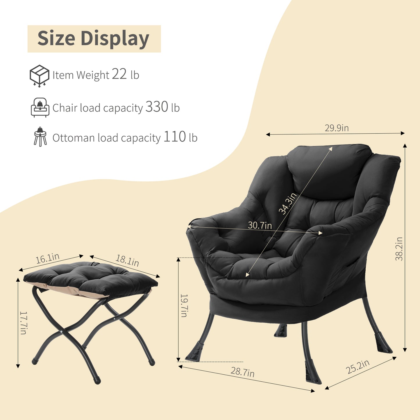 Pirecart Fabric Lazy Chair with Foldable Ottoman and Side Pocket, Large Comfy Chair with Footstool Set Reading Chair Leisure Sofa Chair for Bedroom, Living Room