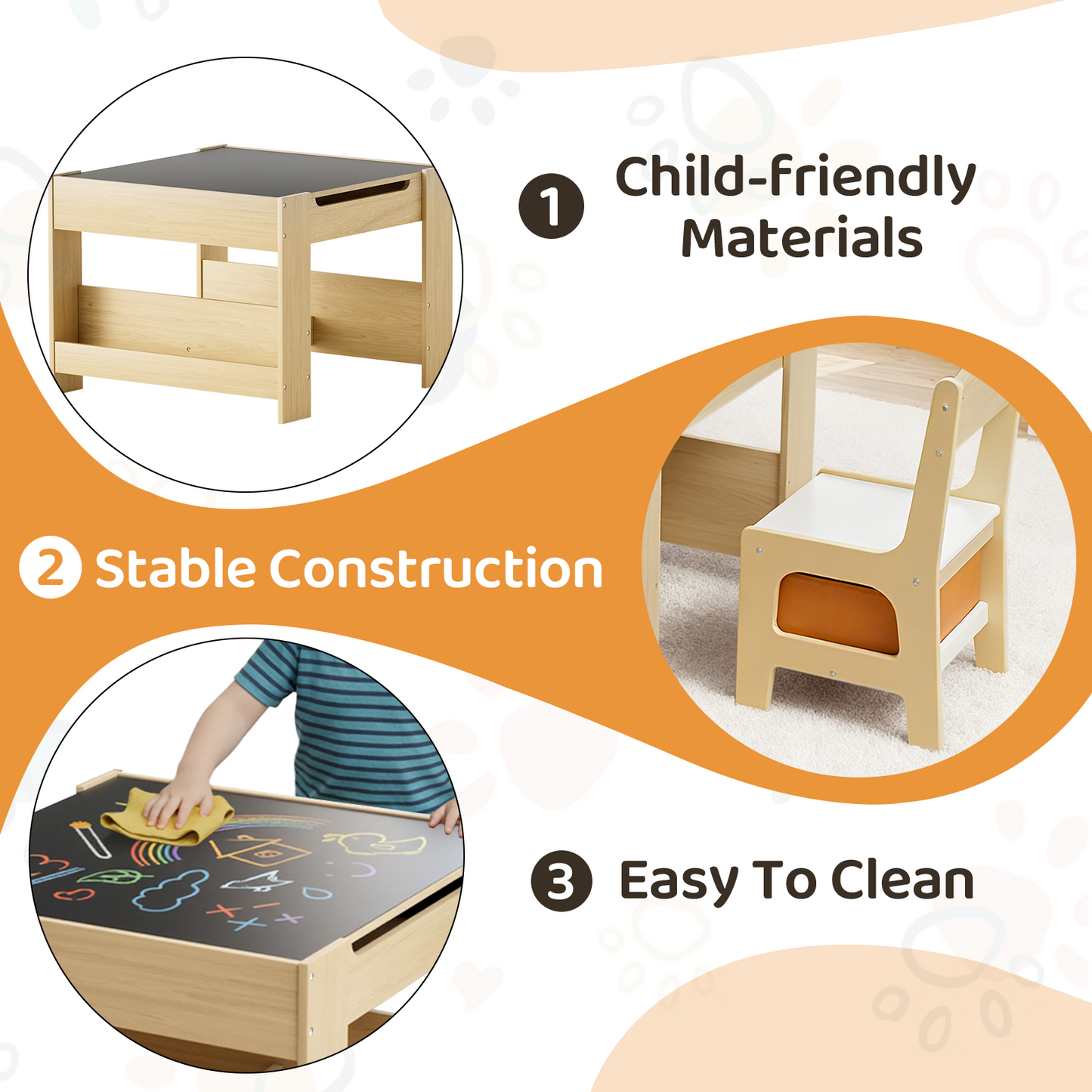 Pirecart Kids Table and Chair Set, 4 in 1 Wooden Art Table with Reversible Tabletop, Blackboard, Storage Drawer, Kids Activity Table Set for Drawing, Playing, Learning