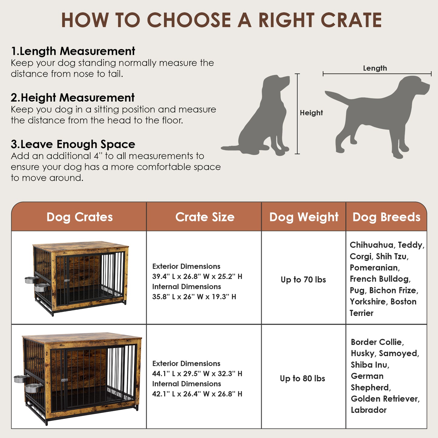 pirecart 39/44 inch Furniture Style Dog Crate with 2 Bowls, Large Wooden End Table Dog House