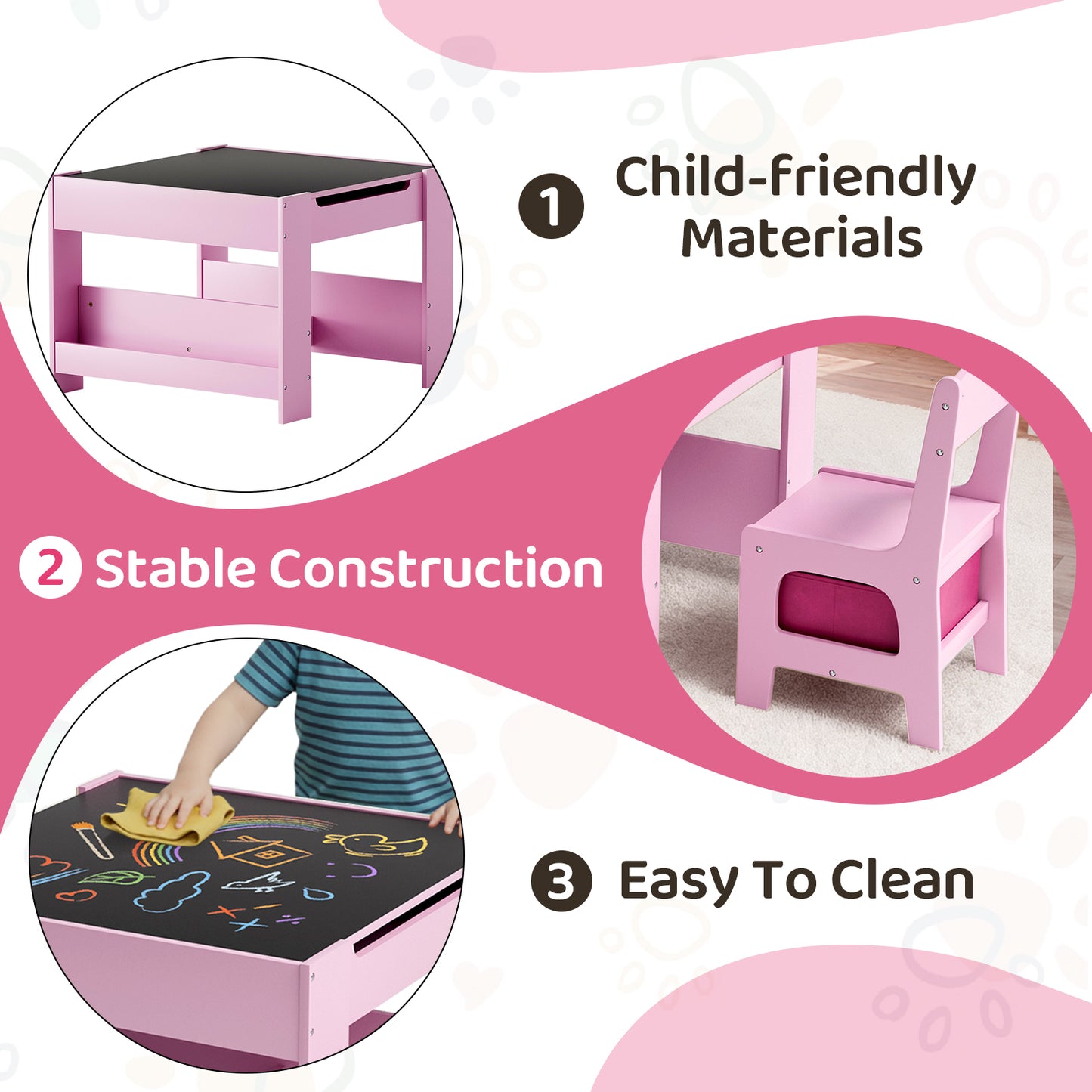 Pirecart Kids Table and Chair Set, 4 in 1 Wooden Art Table with Reversible Tabletop, Blackboard, Storage Drawer, Kids Activity Table Set for Drawing, Playing, Learning