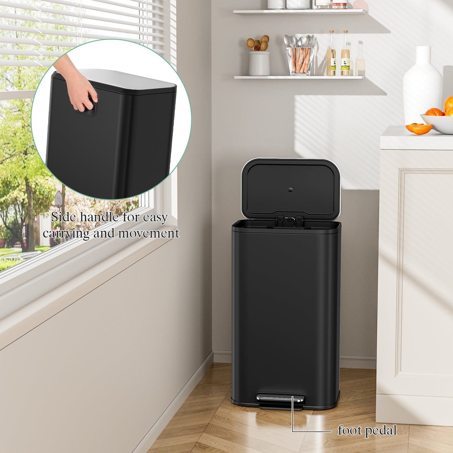 Pirecart 13.2 Gal Trash Can, Stainless Steel Garbage Can with Removable Inner Bucket & Handle, Square Garbage Bin with Soft Lid for Kitchen, Living Room