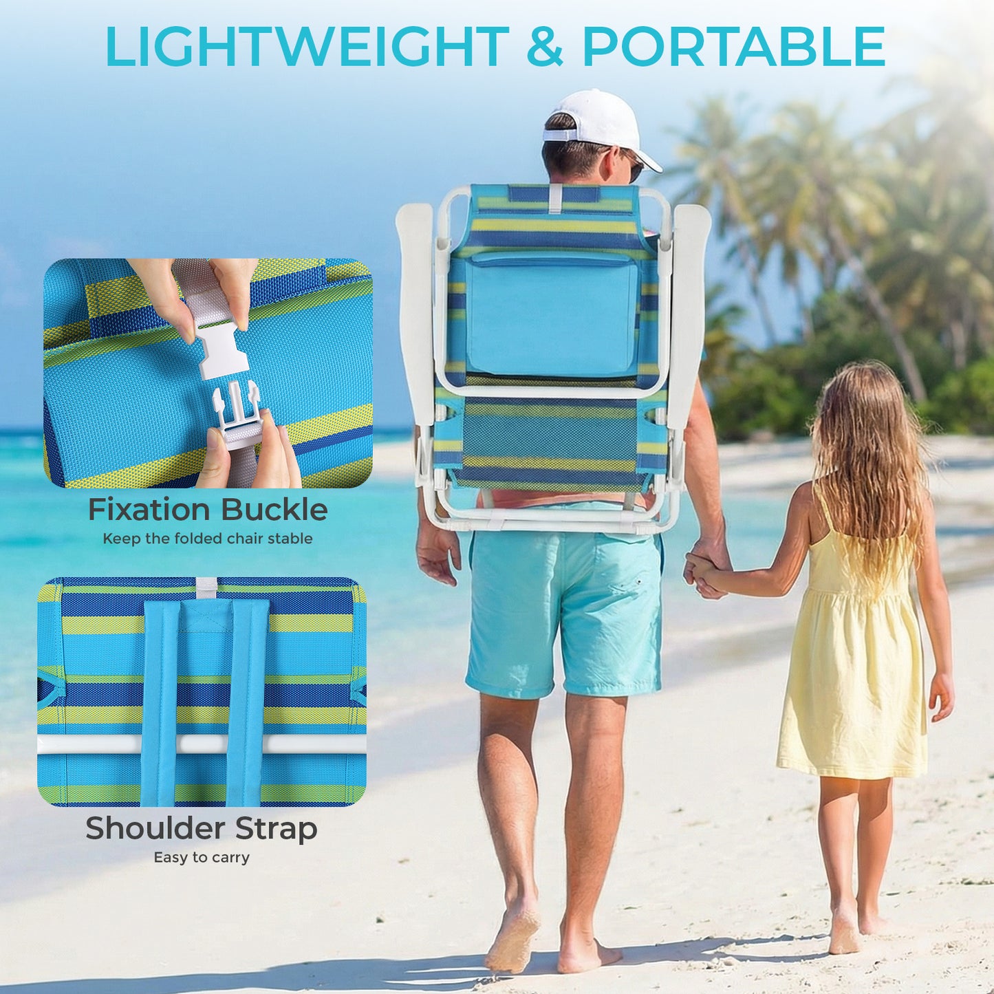 Foldable Beach Chair, 5-Position Lay Flat Reclining Beach Chair W/ Headrest, Storage Bag, Cooler Pouch,Towel Bar, Foot Mat