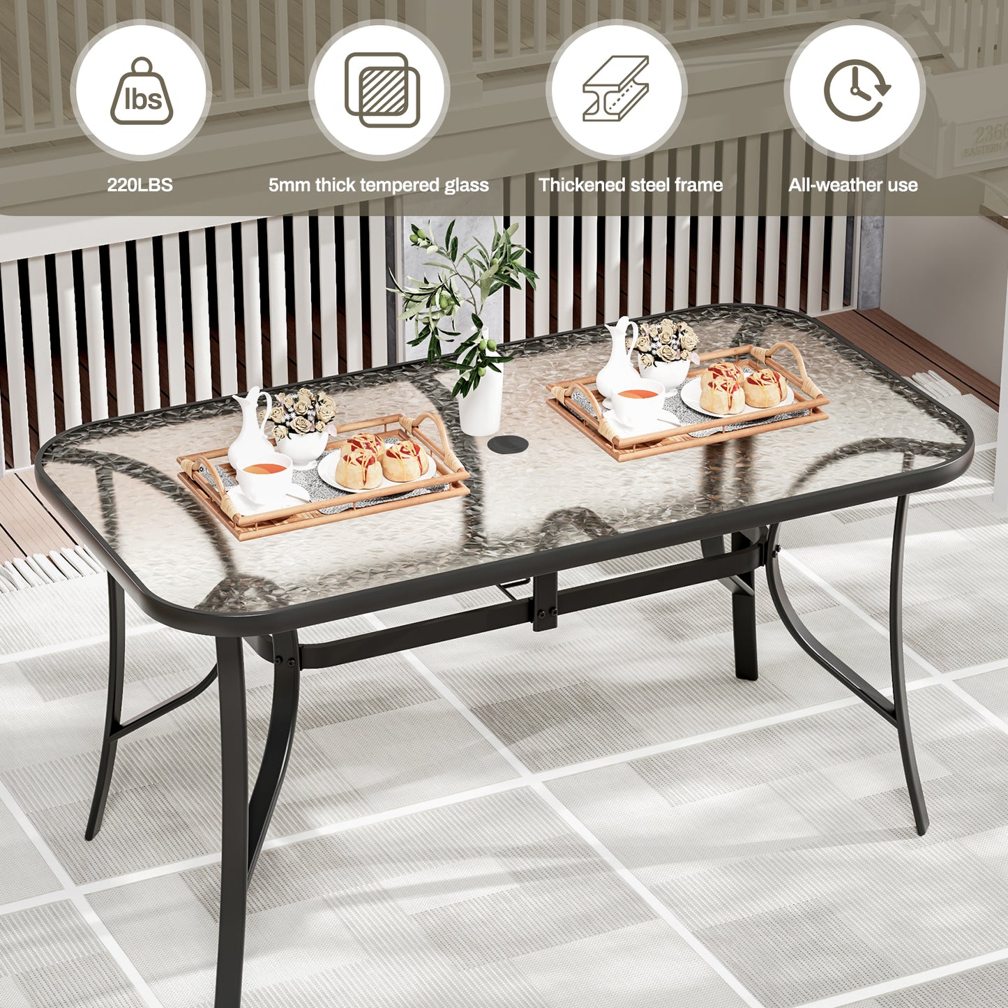 Piecart Outdoor Dining Table with Umbrella Hole, Rectangular Glass Patio Table, Patio Table for Outside, Garden, Balcony