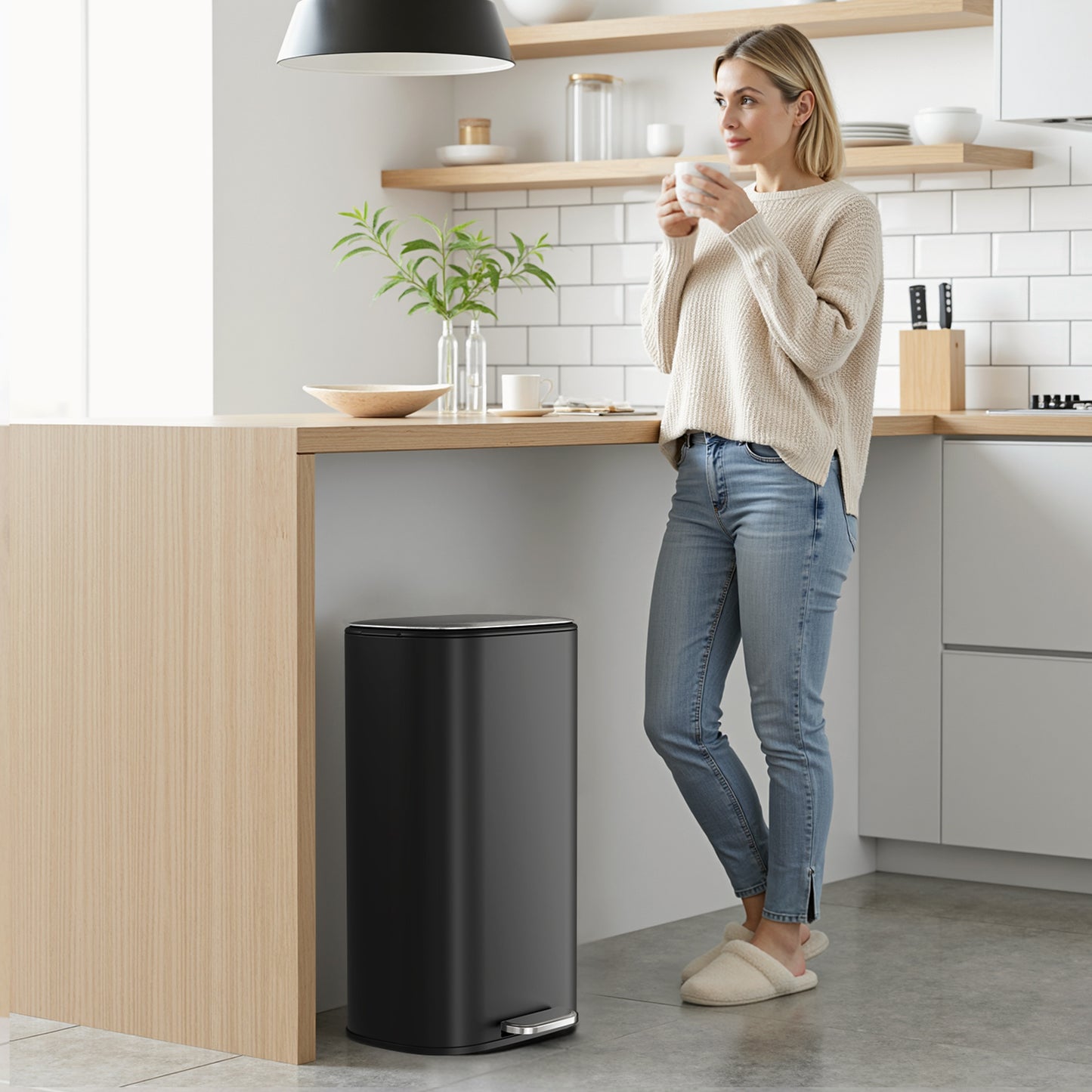 Pirecart Stainless Steel Trash Can, 8 Gal Oval Garbage Can W/ Slow-Closing Lid & Removable Inner Bucket, Foot-operated Soft Lid Trash Can for kitchen, Home, Office