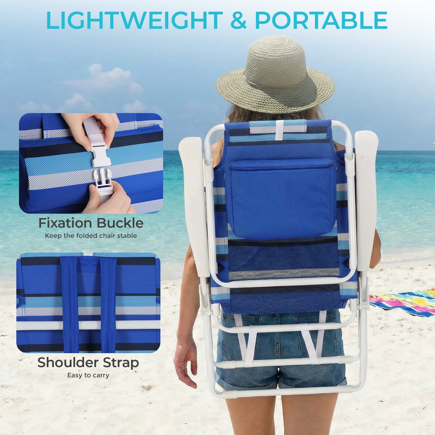Pirecart Tall Beach Chairs for Adults, Portable Beach Chairs W/ 5-Position Lay Flat & Cooler Pouch, for Beach, Camp, Outdoor