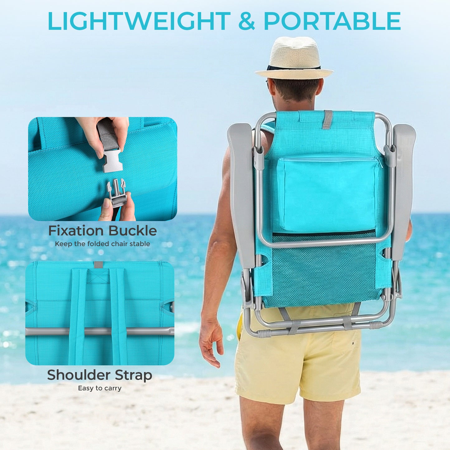 Foldable Beach Chair, 5-Position Lay Flat Reclining Beach Chair W/ Headrest, Storage Bag, Cooler Pouch,Towel Bar, Foot Mat