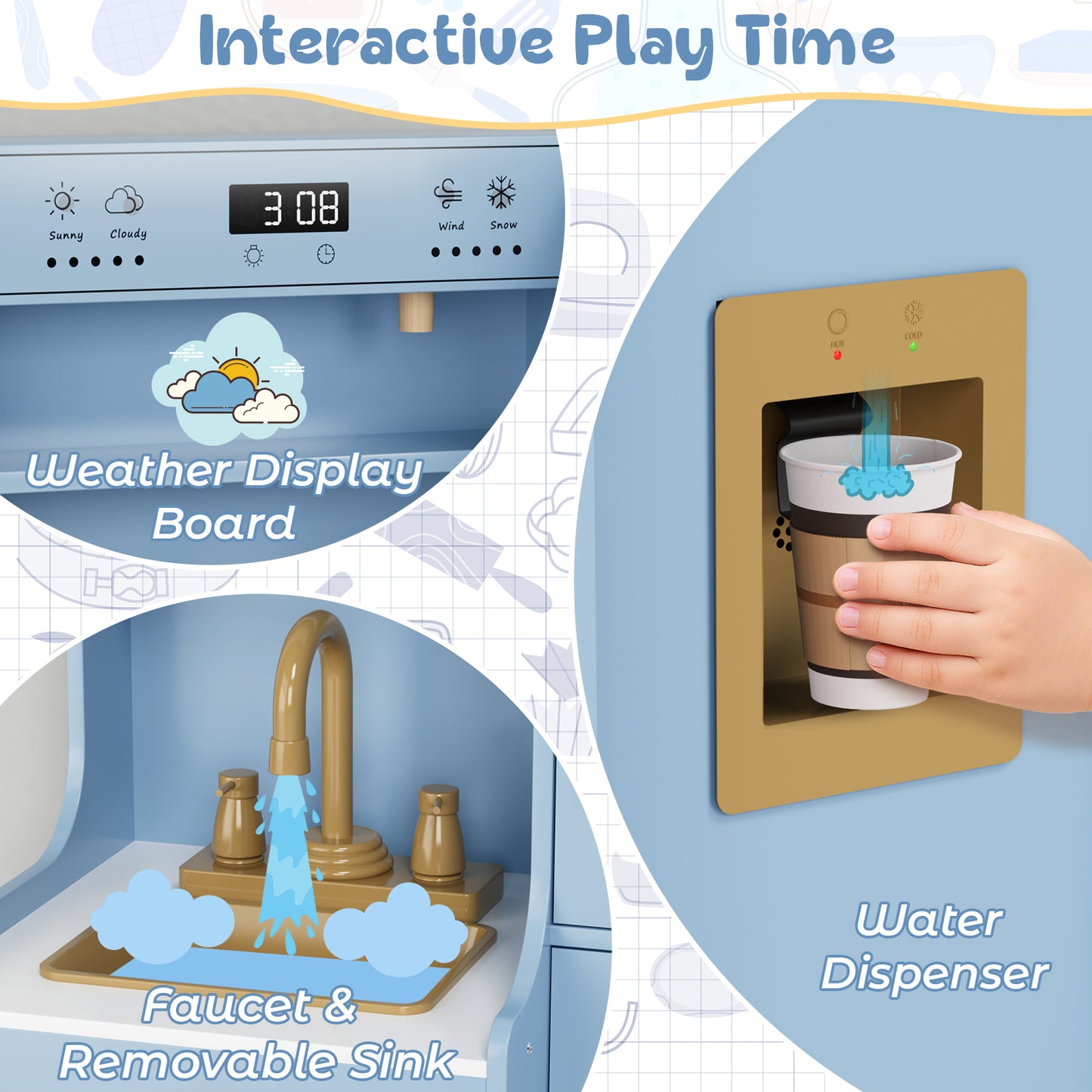 Pirecart Toddler Pretend Paly Kitchen, Wooden Kitchen Play Set with Real Sound and Light, 6-Piece Kitchenware, Sink & Stove, Water Dispenser & Hood, Kids Play Kitchen for Age 3+