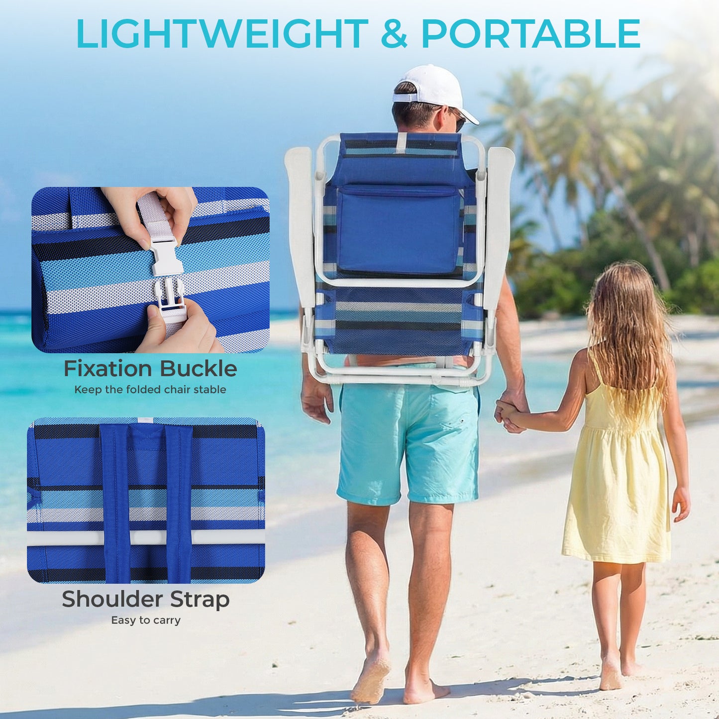 Foldable Beach Chair, 5-Position Lay Flat Reclining Beach Chair W/ Headrest, Storage Bag, Cooler Pouch,Towel Bar, Foot Mat