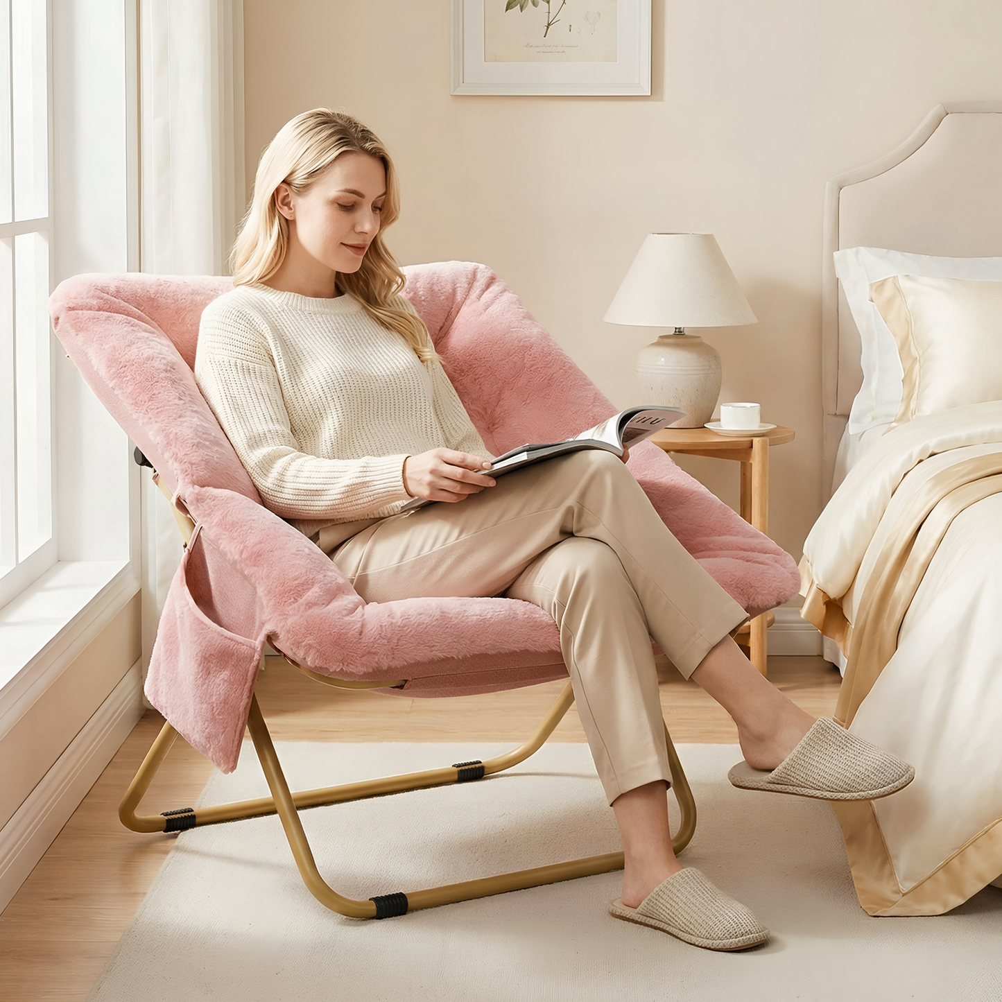 Pirecart Comfy Moon Chair, Foldable Soft Faux Fur Lounge Chair for Living Room, Bedroom, Dorms, X-Large Reading Chair