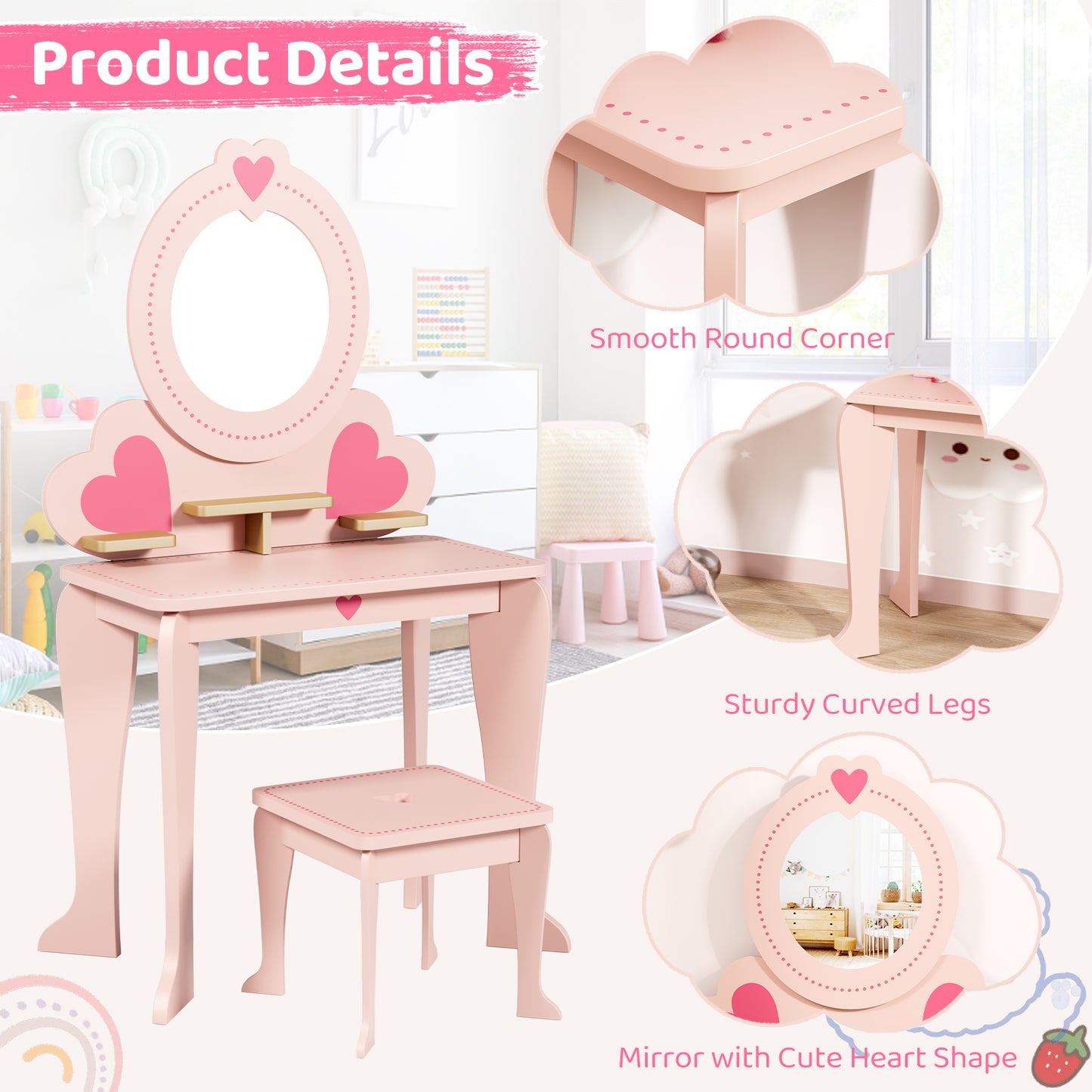 Pirecart Kids Vanity Makeup Table & Chair Set Make Up Stool Play Set for Children, Toddler Makeup Toy with 8 Pcs Accessories for Pretend Play