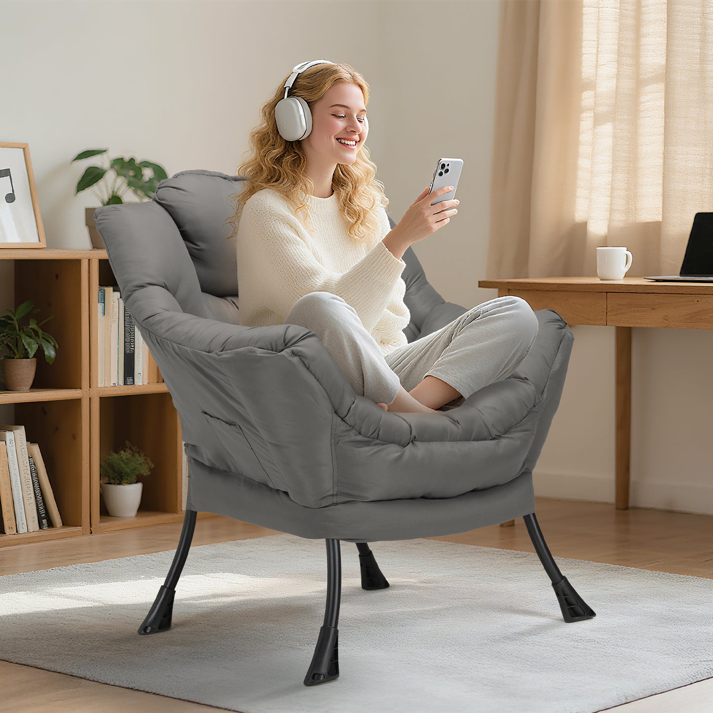 Pirecart Lazy Chair Large Accent Chair, Modern Reading Chair with Side Pocket, Comfy Living Room Chair, Lounge chair for Bedroom, Dorm