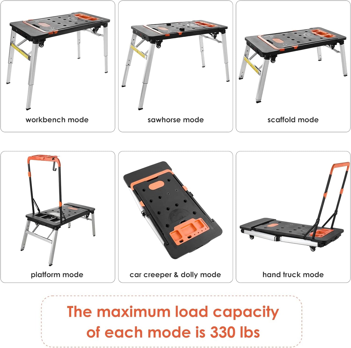 pirecart Multifunctional Folding Work Table, 7 in 1 Work Benches for Garage, as Portable Workbench, Sawhorse, Scaffold, Platform, Car Creeper, and Hand Truck, with 4 Wheels