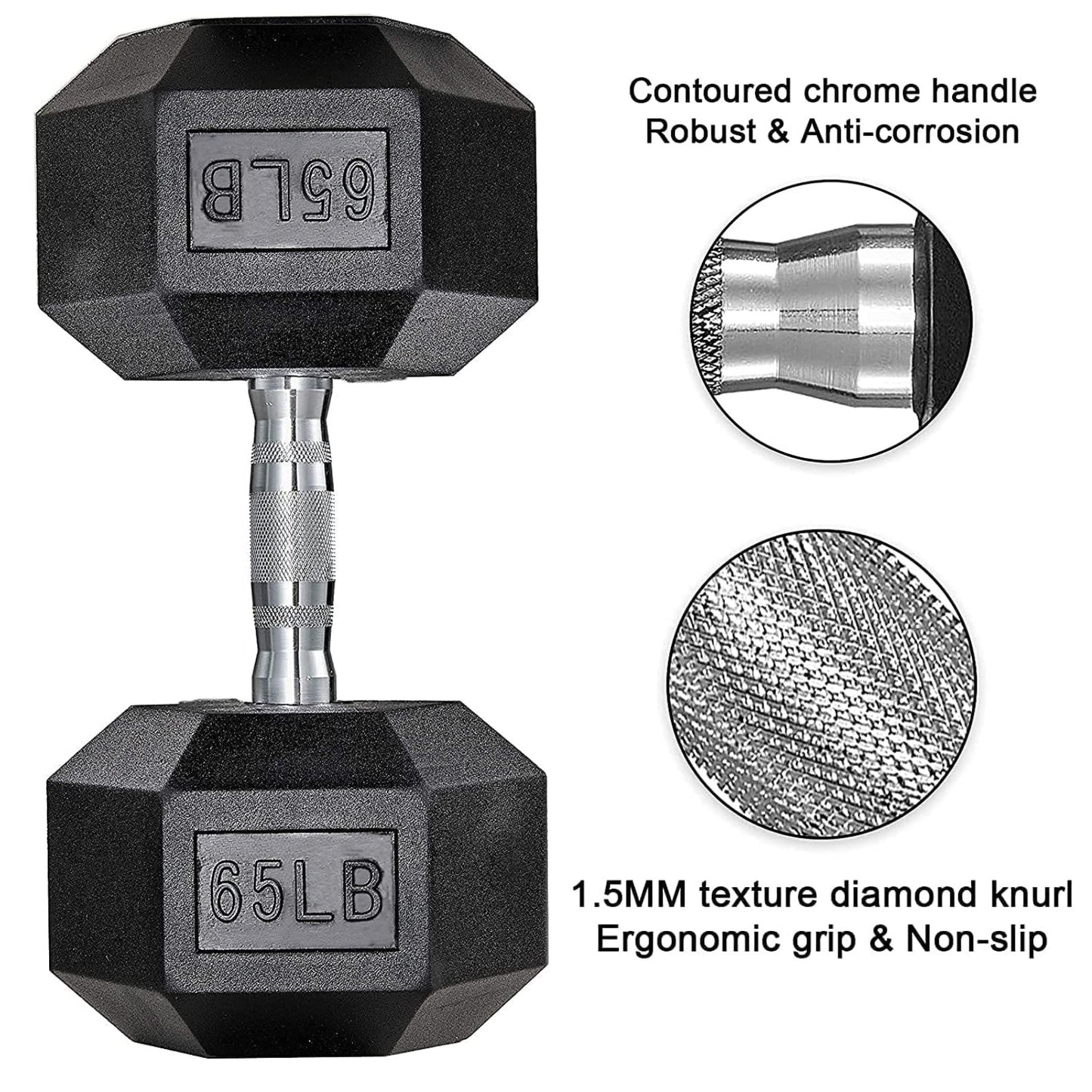 pirecart Dumbbells Rubber Coated Cast Iron Hex Black Dumbbell Free Weights Dumbbell Set, 60-75lb a pair