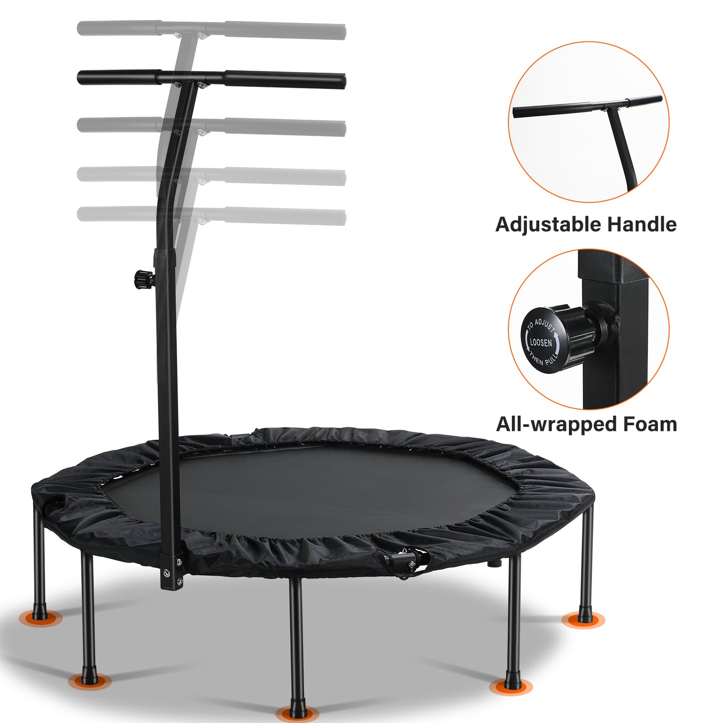 pirecart 50" Foldable Trampoline with Adjustable Handle Bar, Fitness Rebounder Exercise Trampoline for Adults, Max Load 330lbs