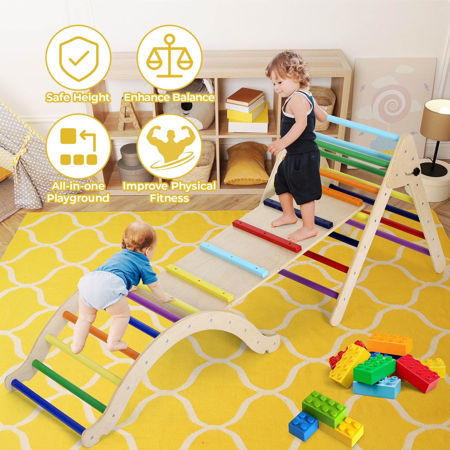 pirecart 5 in 1 Pikler Triangle Toys, Foldable Climbing Triangle Ladder Toys with Ramp