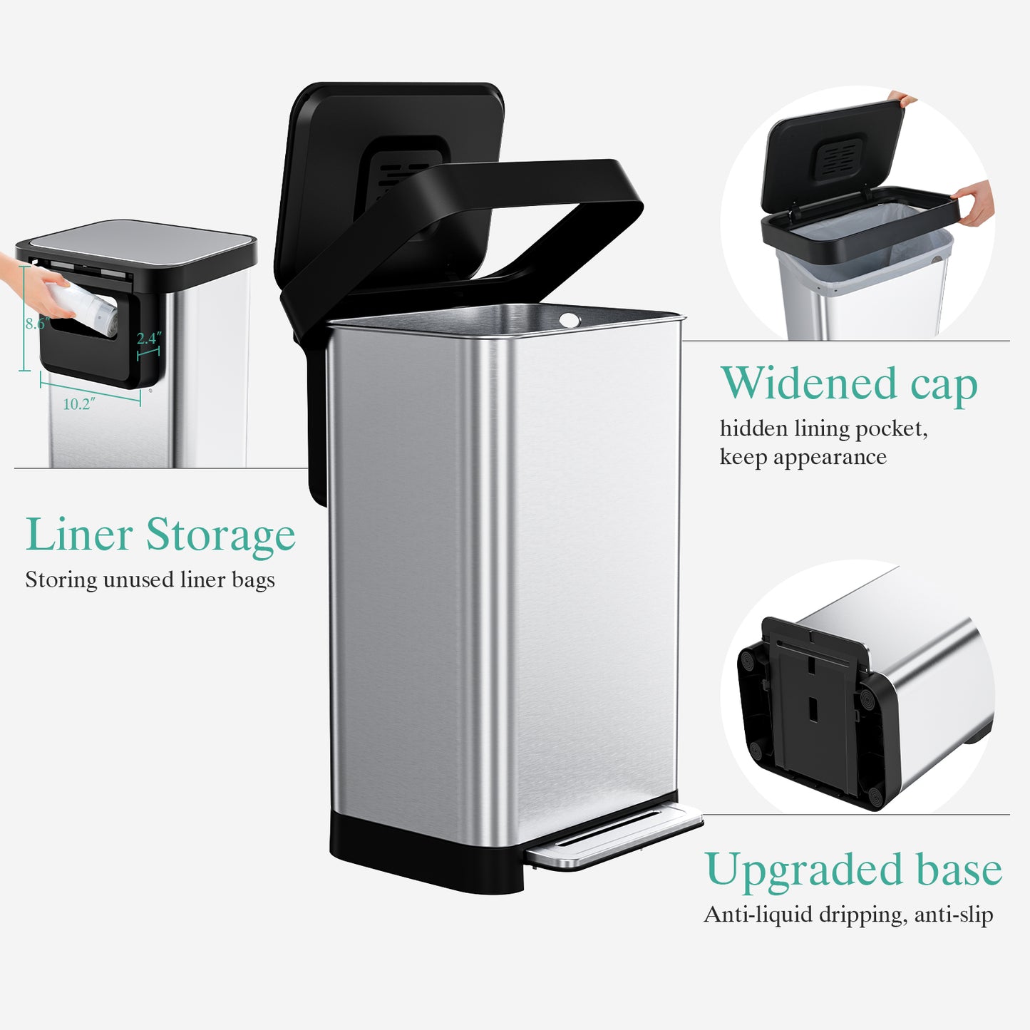 Pirecart 13.2 Gal Stainless Steel Trash Can, Soft-Close Lid Grabage Can with 15 Inner Bags, Rear Trash Bag Storage Compartment, Large Capacity Step Trash Can With Built-In Deodorizer Box