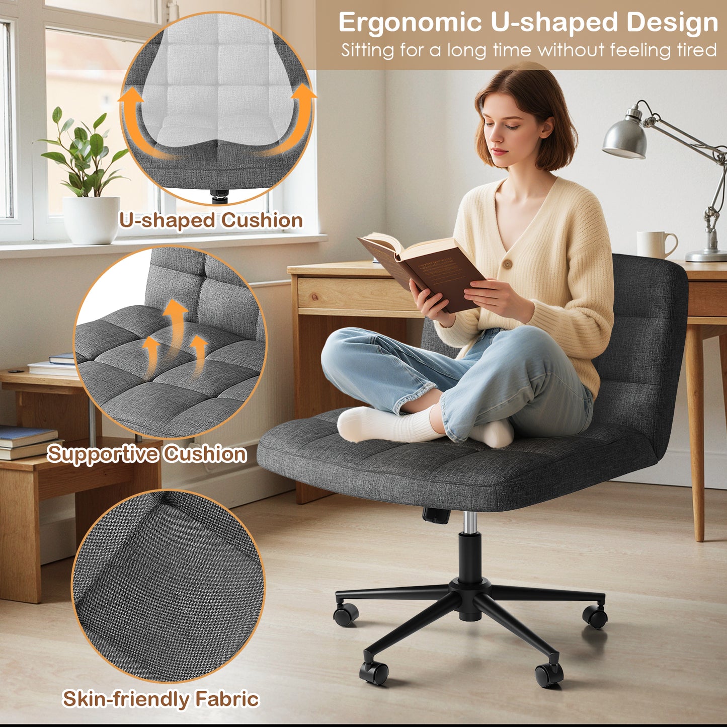 Pirecart Criss Cross Legged Chair, Comfy Swivel Armless Chair with Wheels and Wide Cushion, Height Adjustable Vanity Chair for Bedroom, Office, Desk, Linen