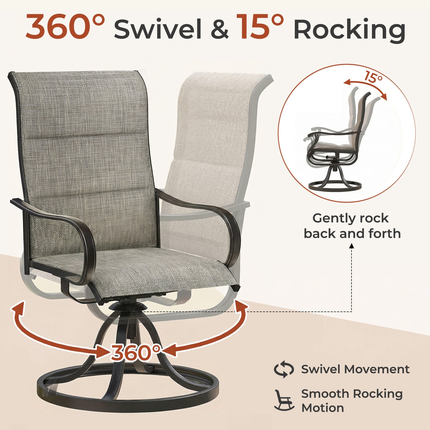 Pirecart Padded Patio Swivel Chairs Set of 2, Outdoor 360° Dining Chairs W/ Metal Rocking Frame & Armrest, High Back Textilene Patio Dining Chairs