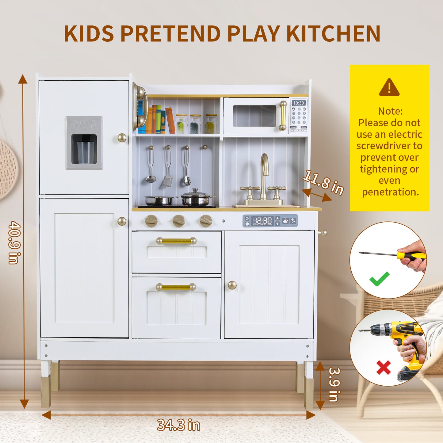 pirecart kids Play Kitchen Wooden Cooking Playset w/Realistic Light & Sound