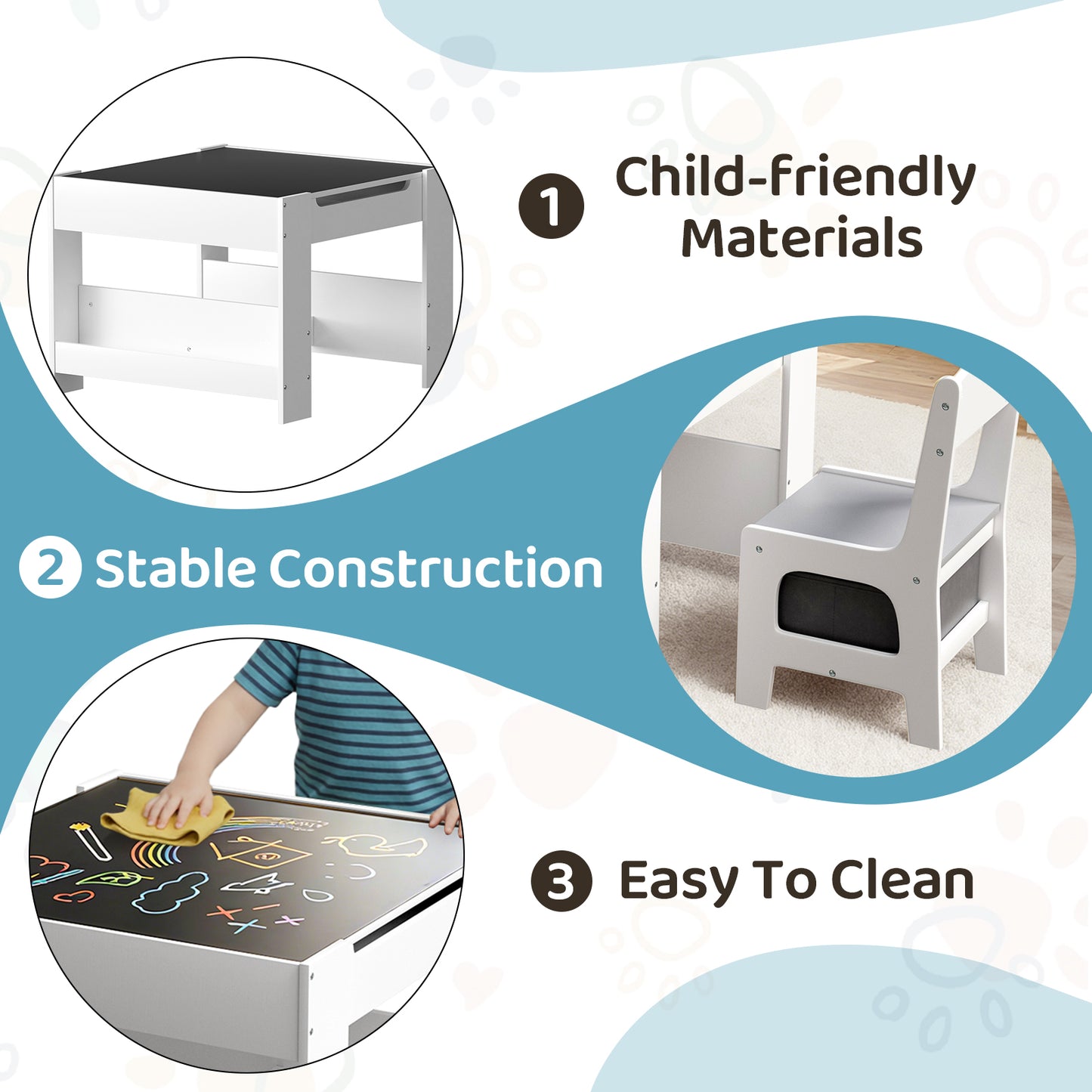 Pirecart Kids Table and Chair Set, 4 in 1 Wooden Art Table with Reversible Tabletop, Blackboard, Storage Drawer, Kids Activity Table Set for Drawing, Playing, Learning