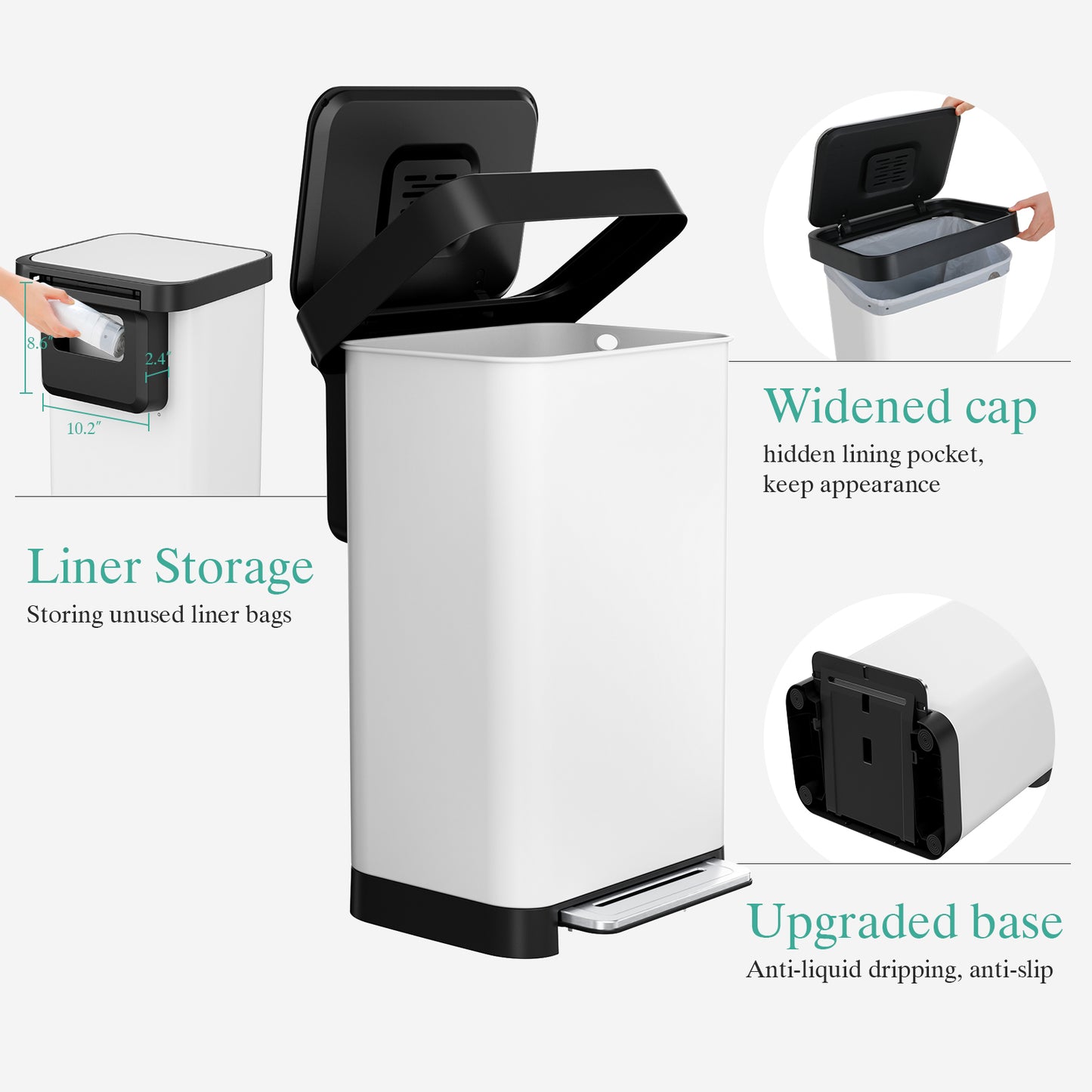 Pirecart 13.2 Gal Stainless Steel Trash Can, Soft-Close Lid Grabage Can with 15 Inner Bags, Rear Trash Bag Storage Compartment, Large Capacity Step Trash Can With Built-In Deodorizer Box