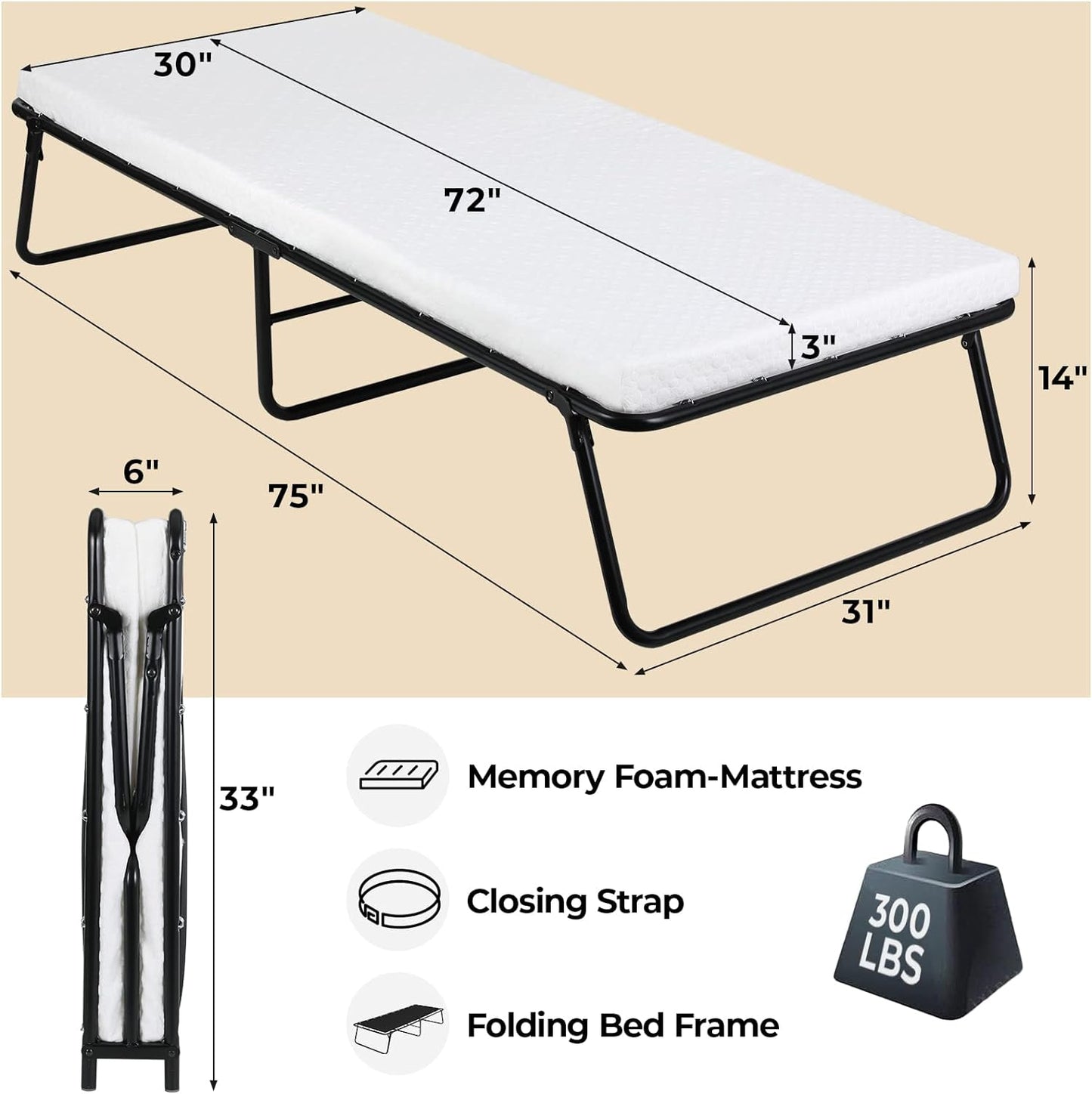 pirecart Folding Bed,Rollaway Bed with Mattress for Adults,Foldable Bed,Portable Bed,Metal Bed Frame with Memory Foam Mattress, Guest Bed for Bedroom,Office,Camp,No Assembly Required