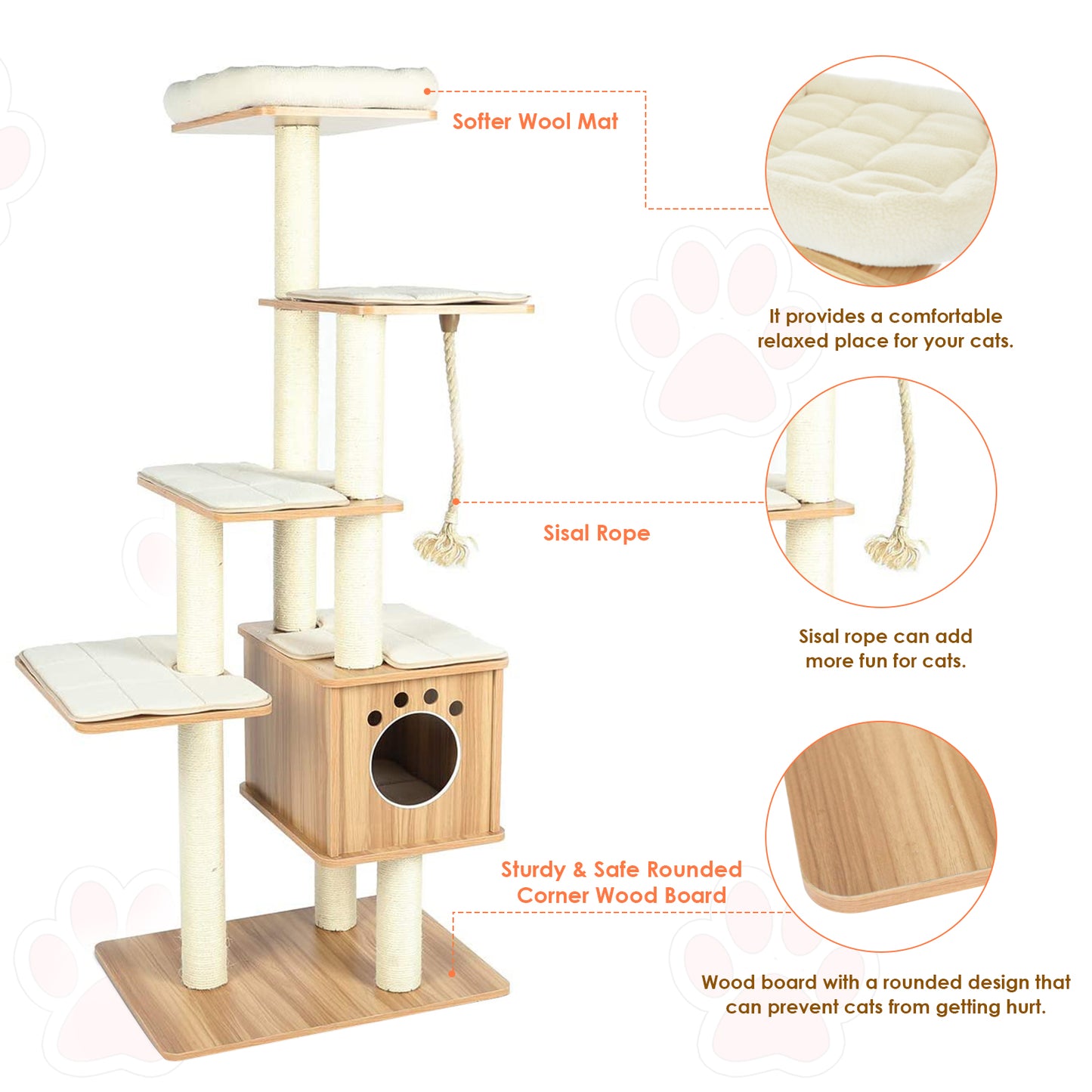 pirecart 67" Modern Wooden Cat Tree Tower, Cat Condo Furniture with Multi-Layer Platform