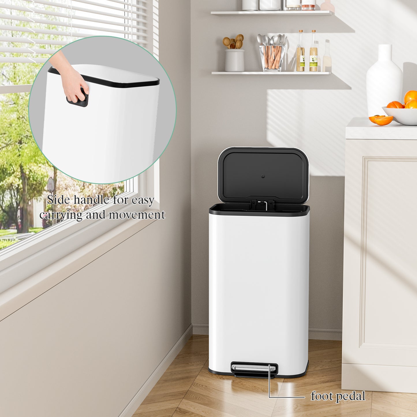 Pirecart 8 Gal Trash Can, Square Garbage Can with Soft-Close Lid & Foot Pedal, Stainless Steel Kitchen Trash Can with Removable Inner Bucket & Handle for kitchen, Living Room