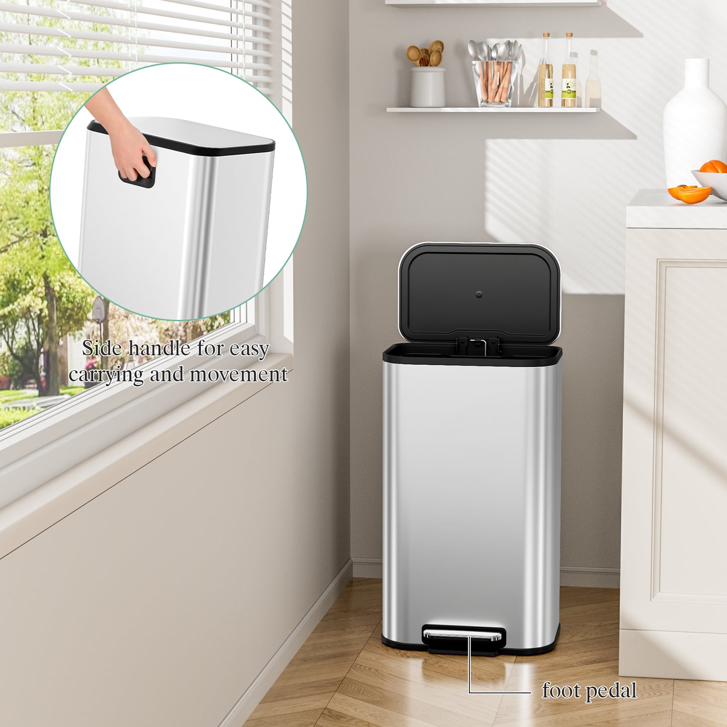 Pirecart 8 Gal Trash Can, Square Garbage Can with Soft-Close Lid & Foot Pedal, Stainless Steel Kitchen Trash Can with Removable Inner Bucket & Handle for kitchen, Living Room