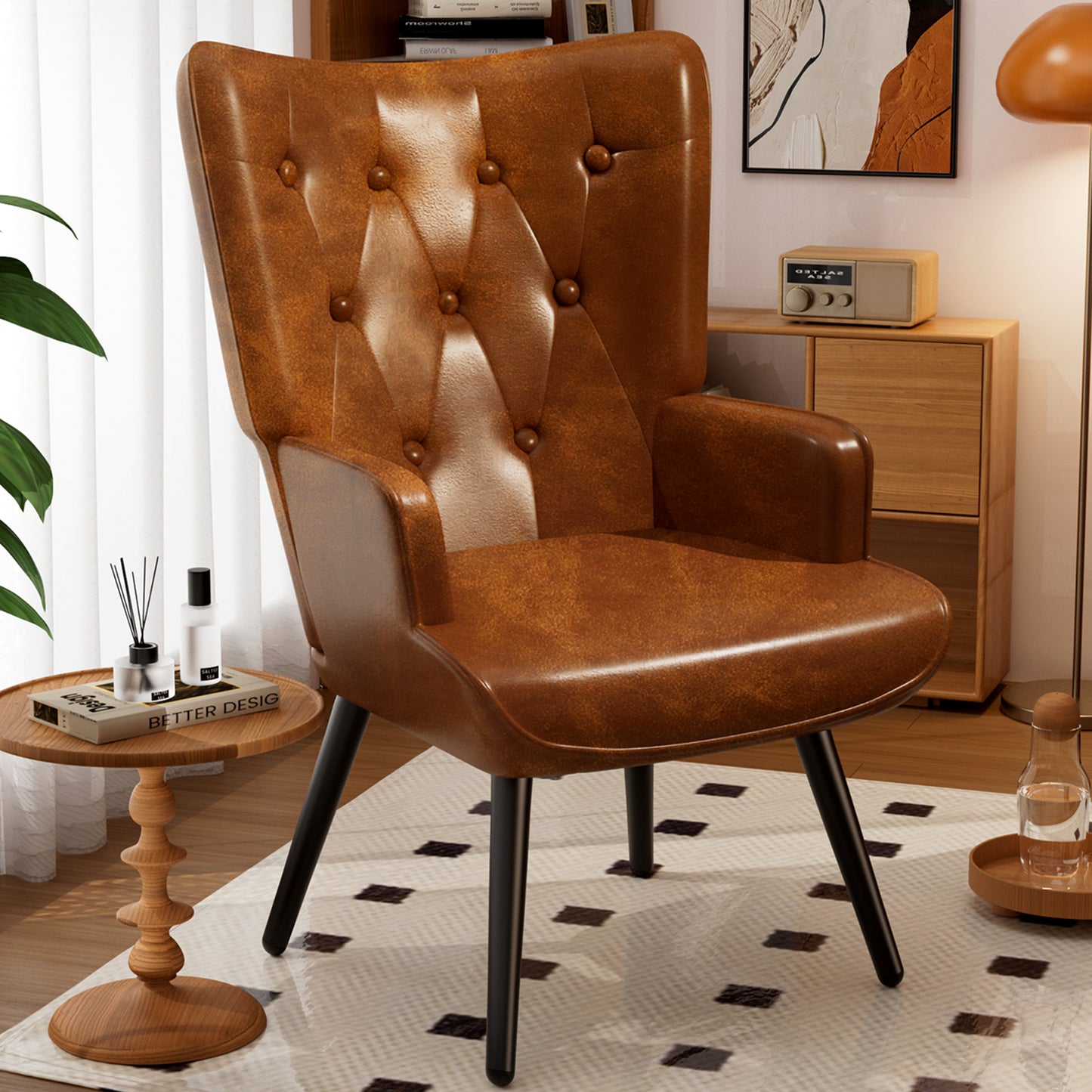 Pirecart Leather Accent Chair, Comfy Upholstered Armchair with Metal Legs, High Backrest Living Room Chair Mid Century Modern for Living Room, Vanity, Bedroom, Brown