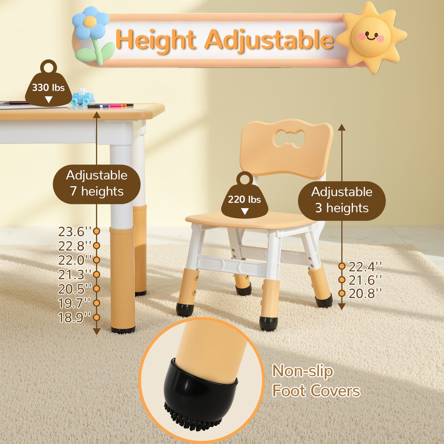 Pirecart Kids Table and 2 Chairs Set, Height Adjustable Children Multi Activity Table and Chair Set, Non-Slip Legs & Graffiti Desktop, for Drawing, Reading, Studying