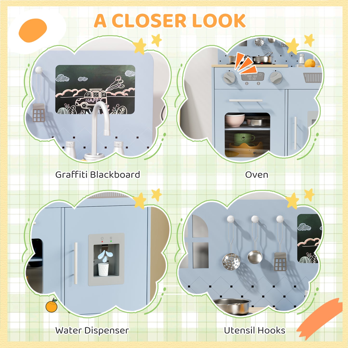 Pirecart Kids Play Kitchen Set, Wooden Kitchen Playset with Real Lights & Sounds, Toddler Pretend Play Kitchen Set with Knob Sounds, Sink, Water Dispenser, 6 Pcs Cookware & Chalkboard Panel