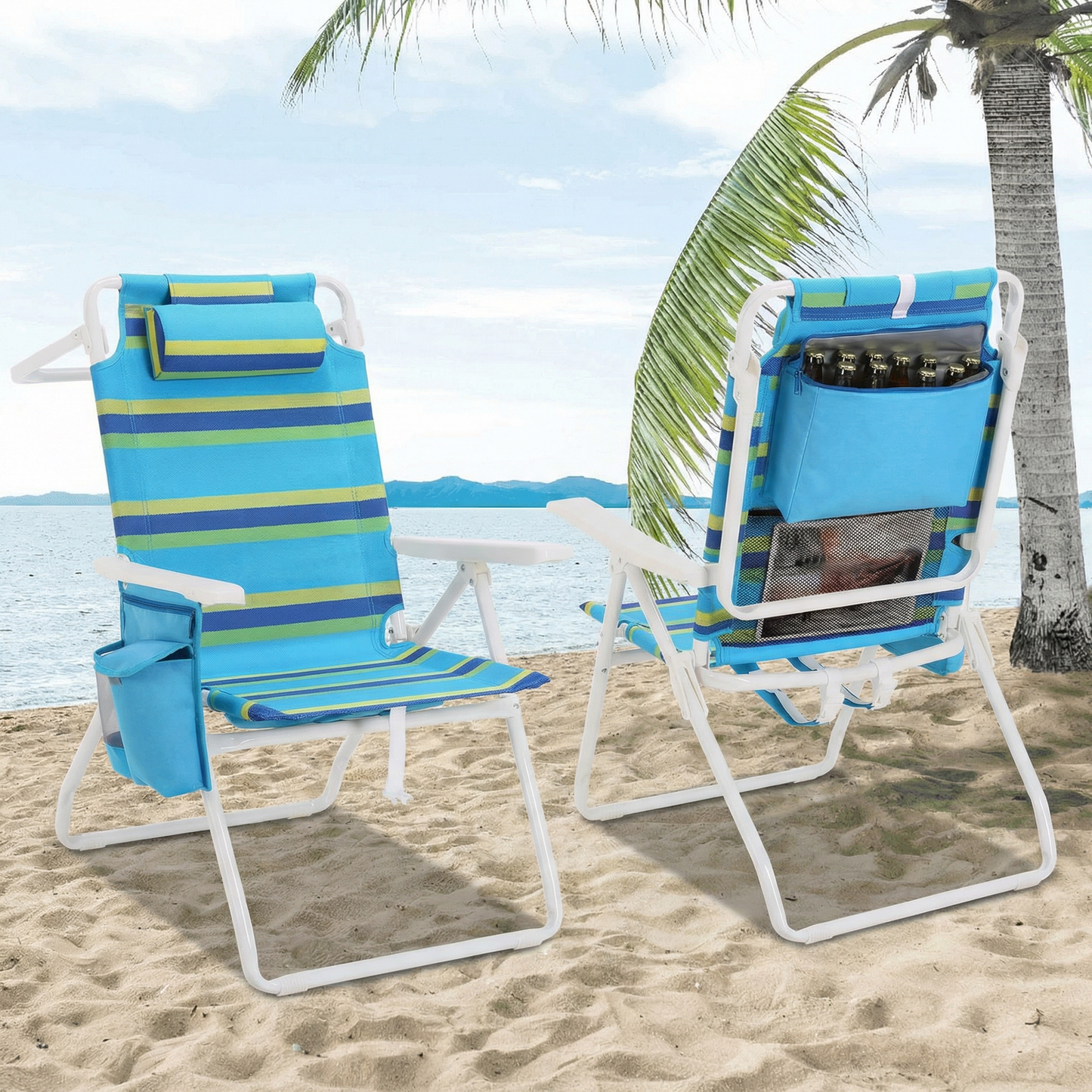 Pirecart Tall Beach Chairs for Adults, Portable Beach Chairs W/ 5-Position Lay Flat & Cooler Pouch, for Beach, Camp, Outdoor
