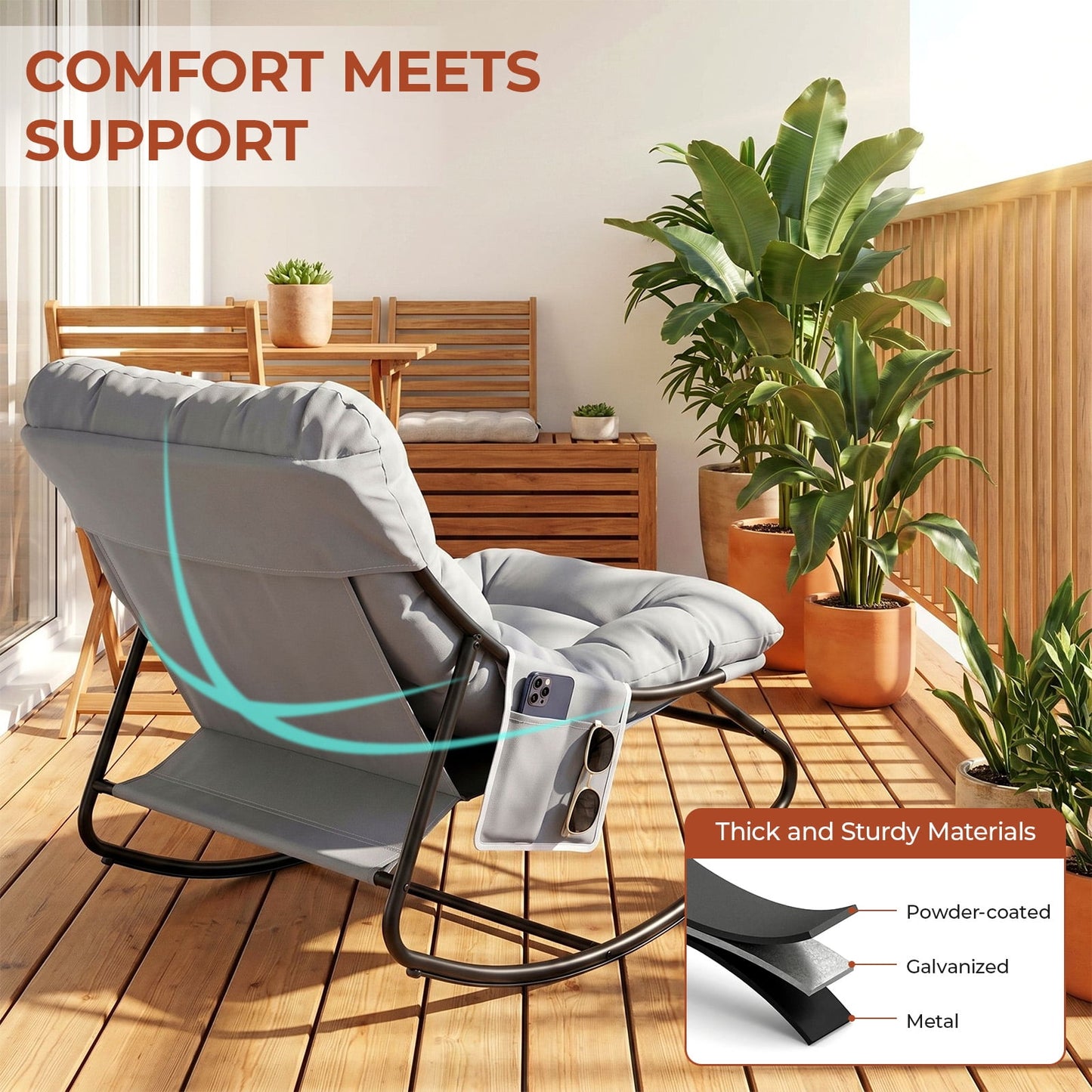 Pirecart Outdoor Papasan Rocking Chair, Lounge Chair with Cushion & Side Pocket, Metal Frame, Patio Rocker Chair for Balcony Backyard