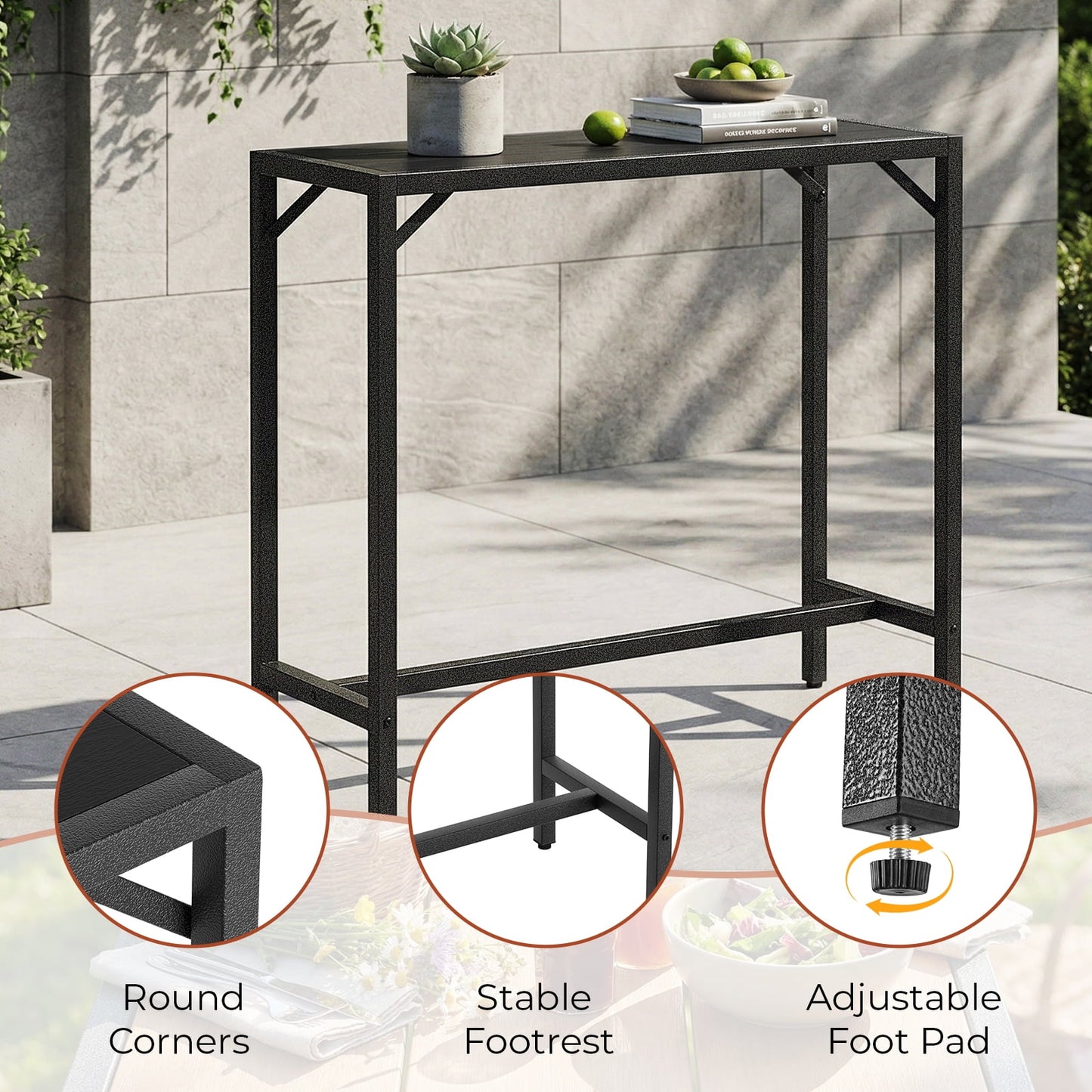 Pirecart Bar Table, Outdoor Counter Height Table W/ Adjustable Foot & HDPE Top, E-Coating & Hammer-Finish Frame, All Weather for Hot Tub,Balcony,Poolside,Kitchen