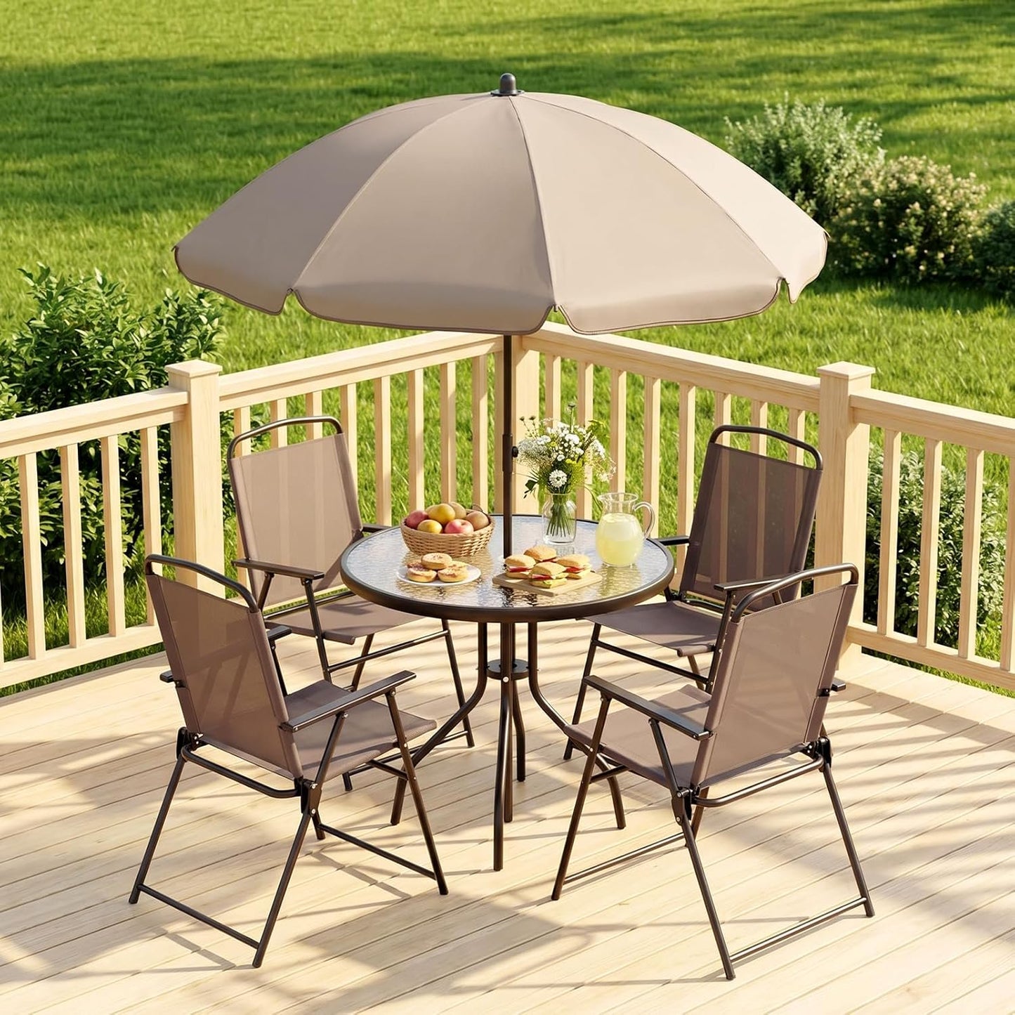 Pirecart Patio Dining Set of 6, Outdoor Table and Chairs Set with 65″ Umbrella, 31.5″ Round Glass Table & 4 Folding Textilene Chairs, Outdoor Dining Set