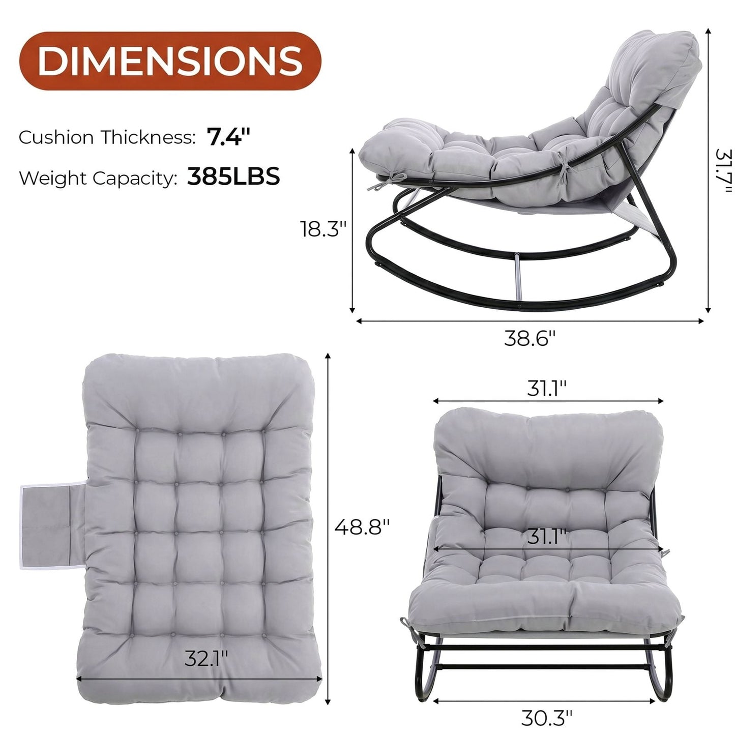 Pirecart Outdoor Papasan Rocking Chair, Lounge Chair with Cushion & Side Pocket, Metal Frame, Patio Rocker Chair for Balcony Backyard