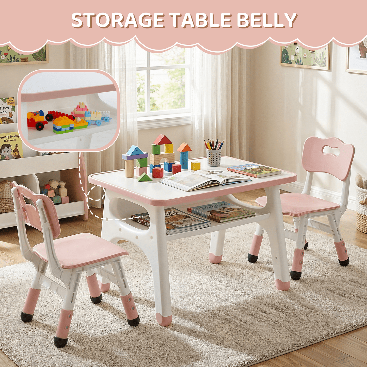 Pirecart Kids Table and 2 Chairs Set, Toddler Activity Table with Graffiti Desktop & Adjustable Height Toddler Chair, Children Activity Table with Large Built-in Storage