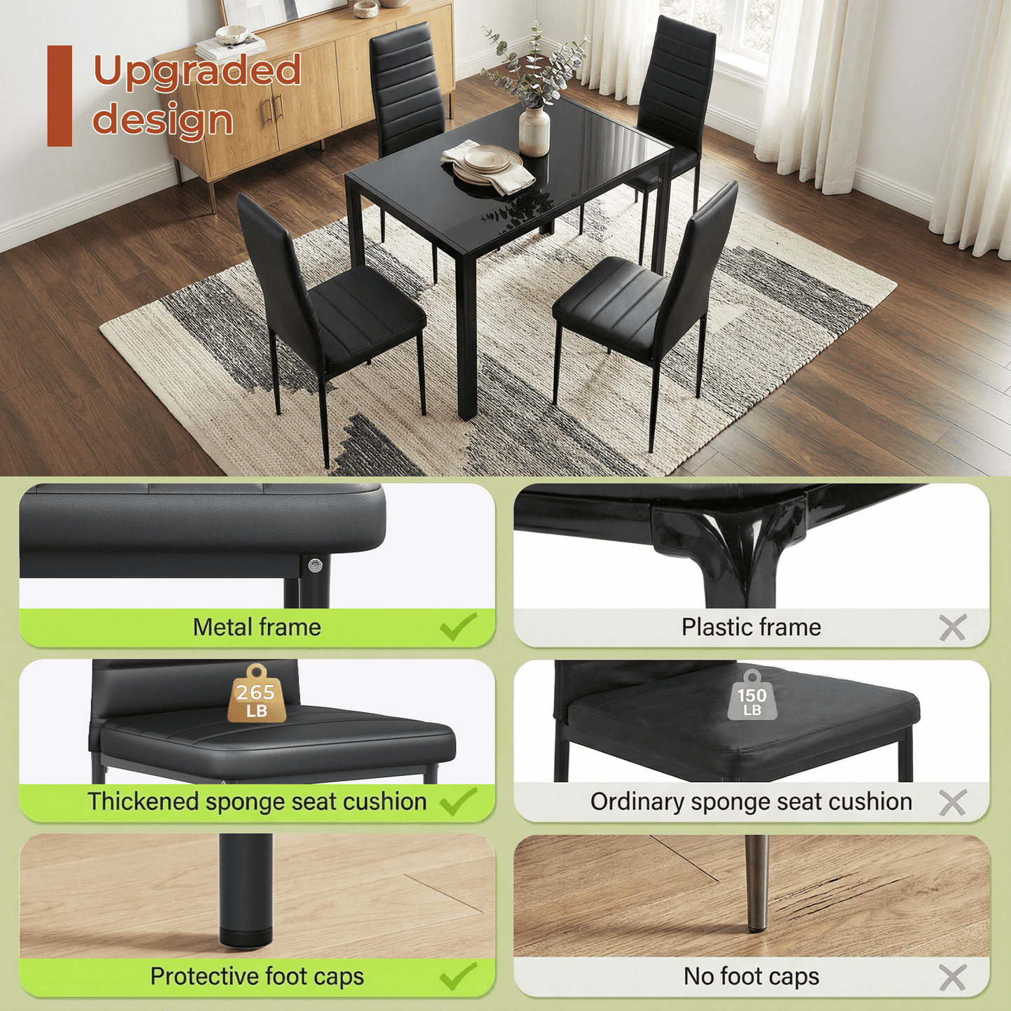 Pirecart Dining Set of 5, 4 Upholstered PU Chairs W/ Tempered Glass Dining Table, Esay-Cleaning & Space-Saving Dining set, Metal Steel Frame Dining Room Set