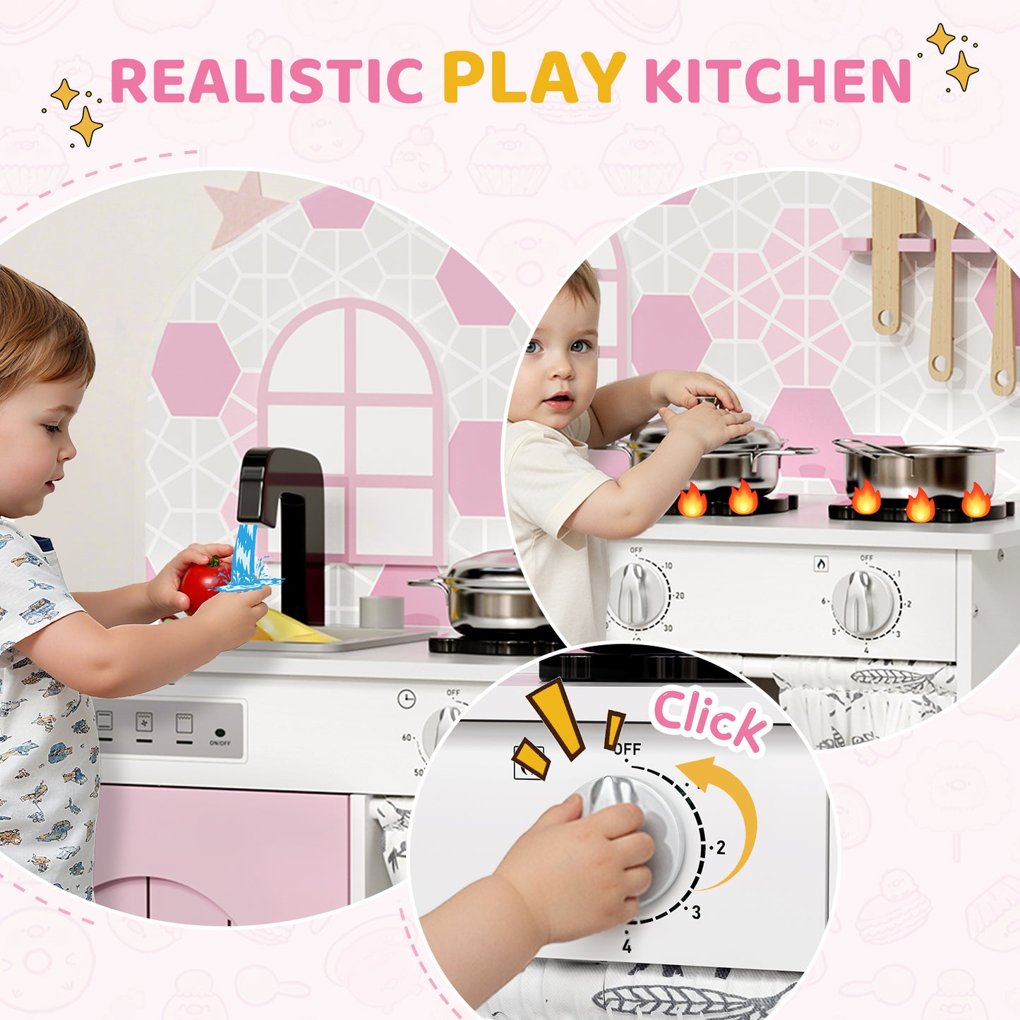 Pirecart Kids Play Kitchen, Toddler Wooden Kitchen Playset with Cooking Accessories and Clicking Knobs, Educational Chef Pretend Play Set for Ages 3+