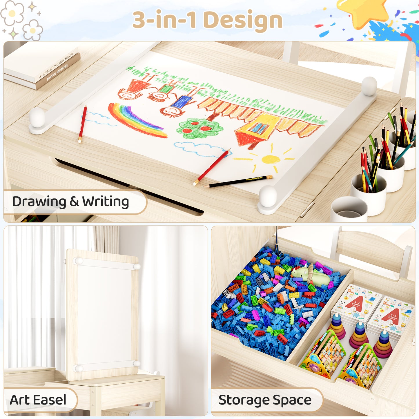 Pirecart 3 in 1 Kids Art Table and Chair Set, Chilldren Art Easel and Wooden Activity Table with 2 Chairs, Storage Bins, Paper Roll, Paint Cups for Draw, Play, Crafts, Read