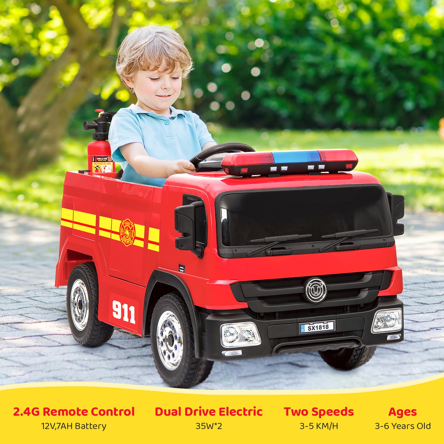 pirecart Ride On Fire Truck 12 Volt Battery Powered Fire Car Toy with Remote Control