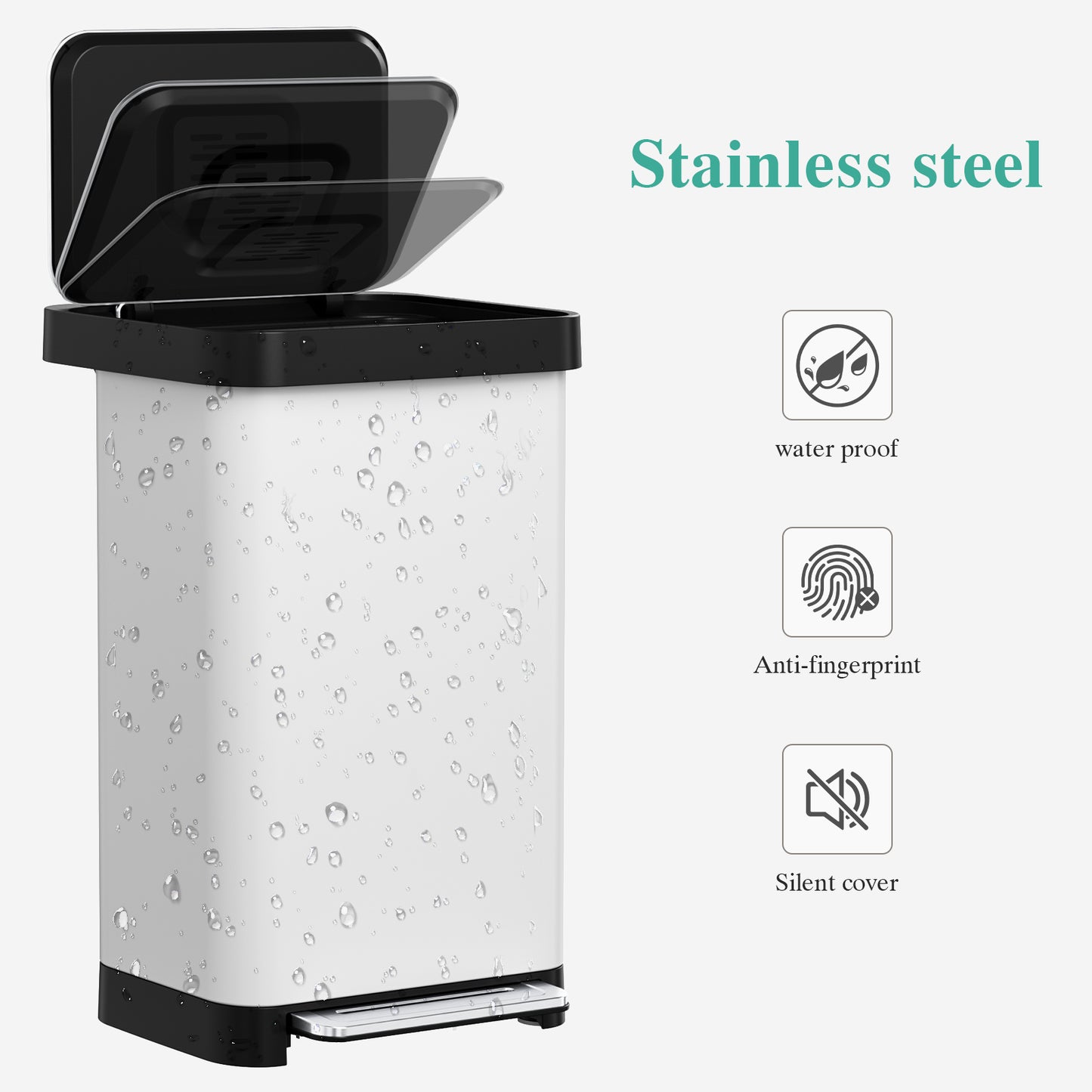 Pirecart 13.2 Gal Stainless Steel Trash Can, Soft-Close Lid Grabage Can with 15 Inner Bags, Rear Trash Bag Storage Compartment, Large Capacity Step Trash Can With Built-In Deodorizer Box